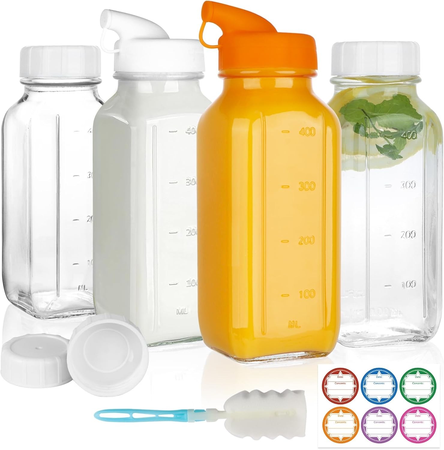 4 Pack 16 OZ Glass Milk Bottles W/ Lids Glass Juice Bottles W/ Scale & Silicone