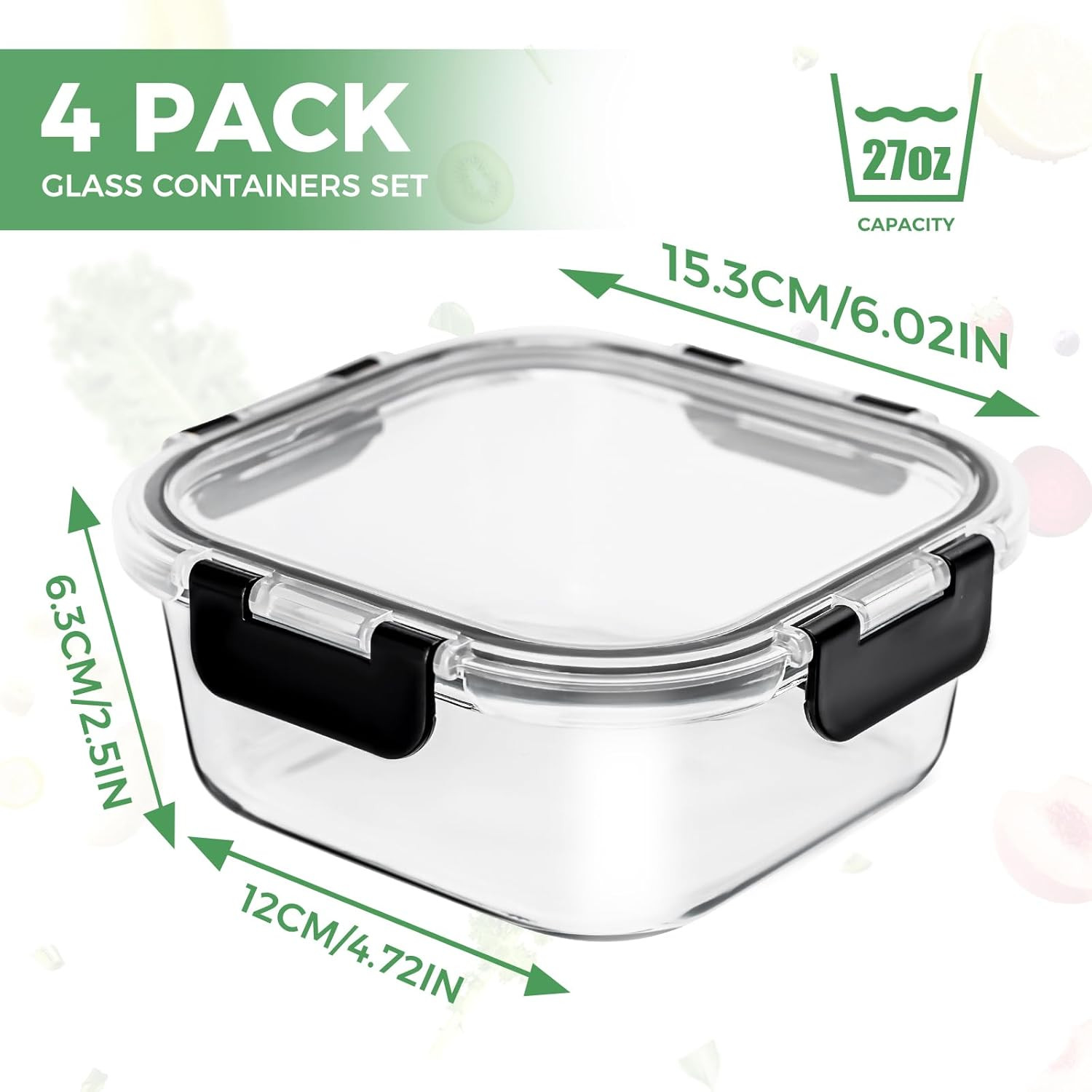 27 Oz Glass Food Storage Containers Lids 4 Pack Square Sandwich Containers/Box