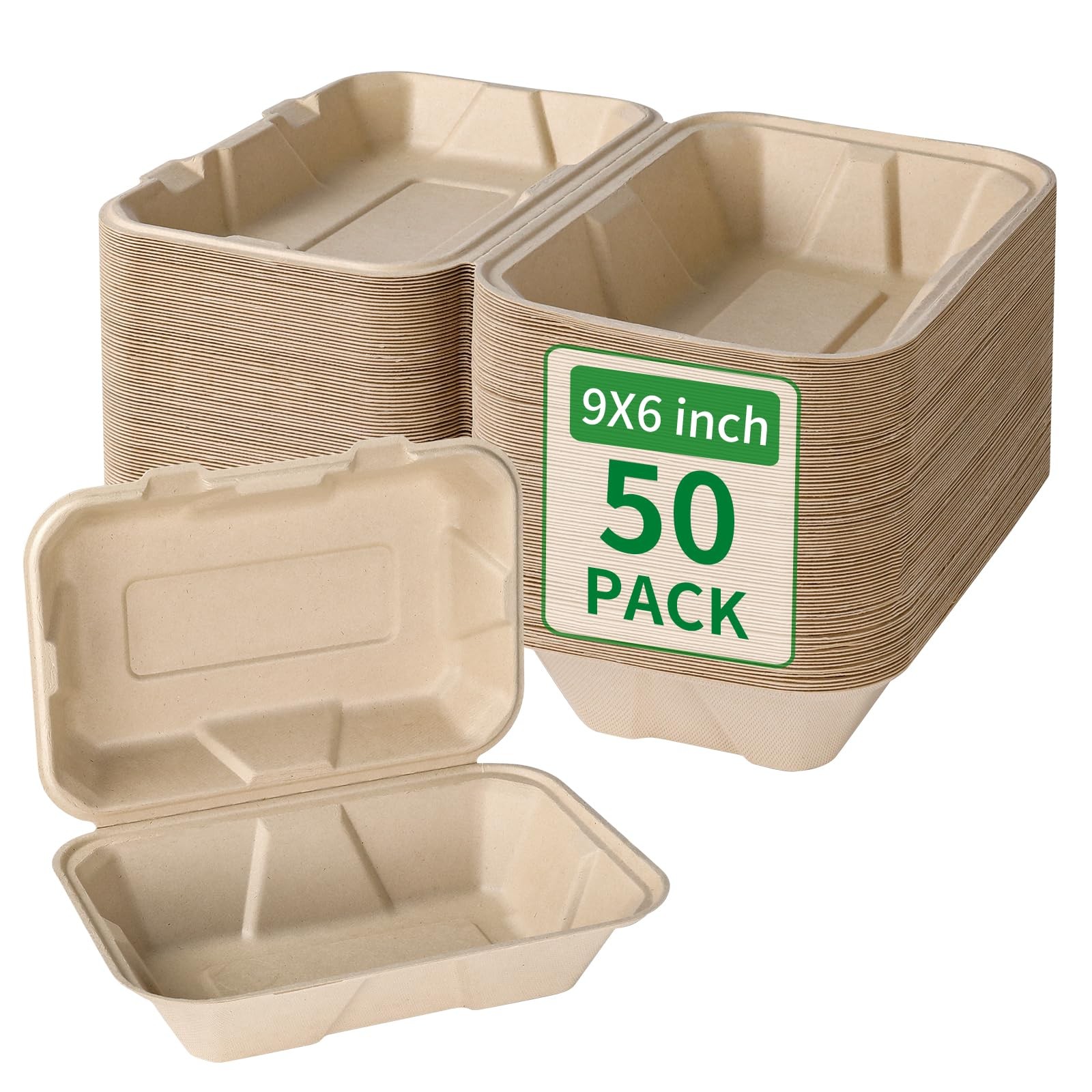 Aricsen Compostable 50 Pack 9×6 Inch Takeout Lunch Box Containers with Lid T…