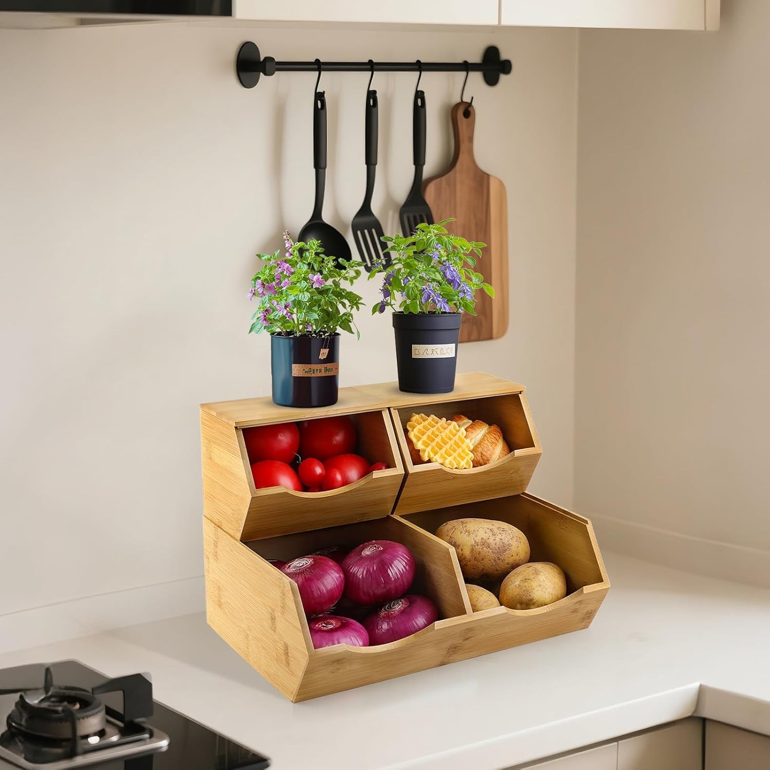 Bamboo Pantry Storage Bins with Lid – Stackable Kitchen Baskets, 3-Piece Set