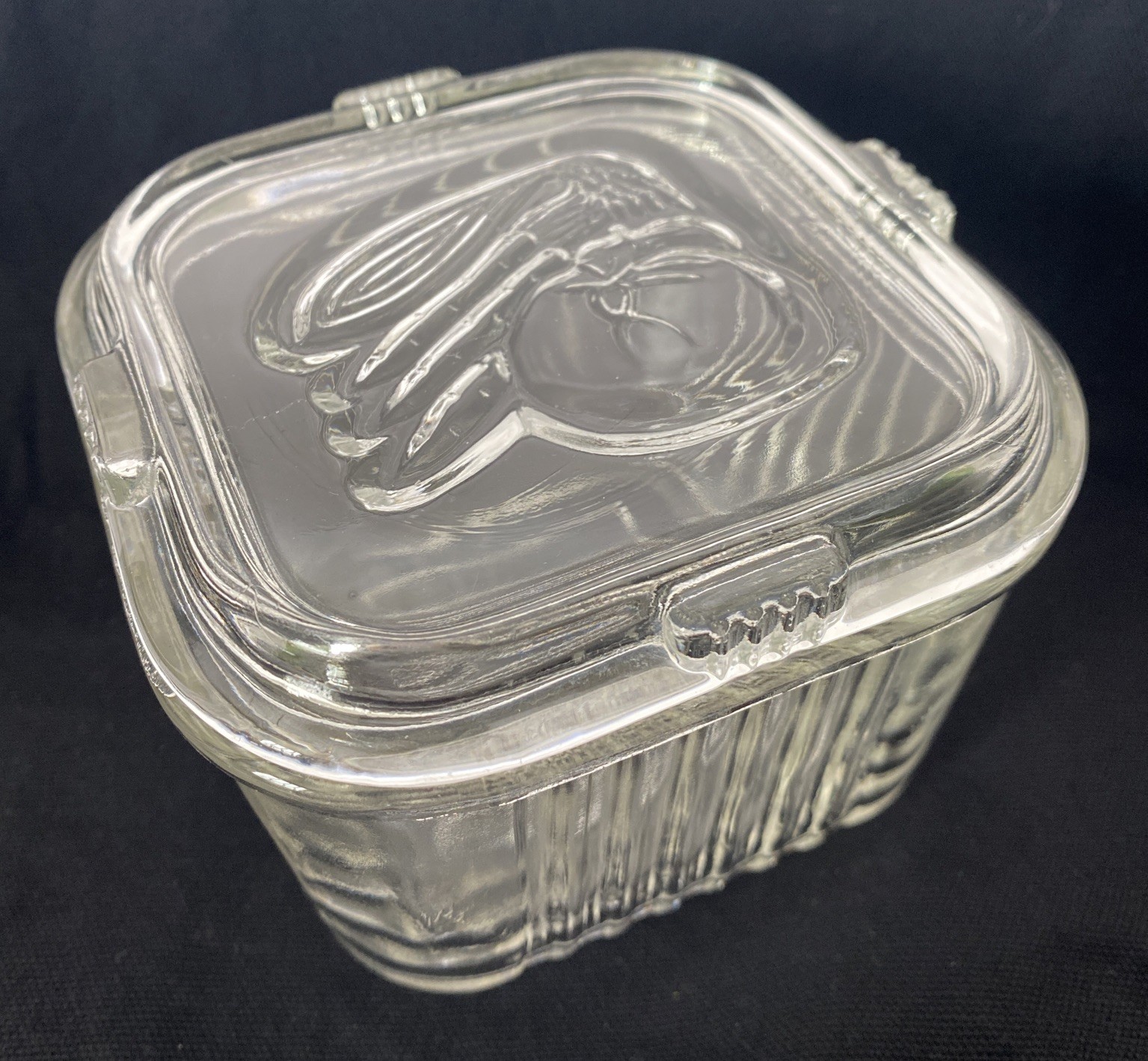 Federal Glass Refrigerator Dish Vegetables Ribbed Square Clear Vintage 4.25”