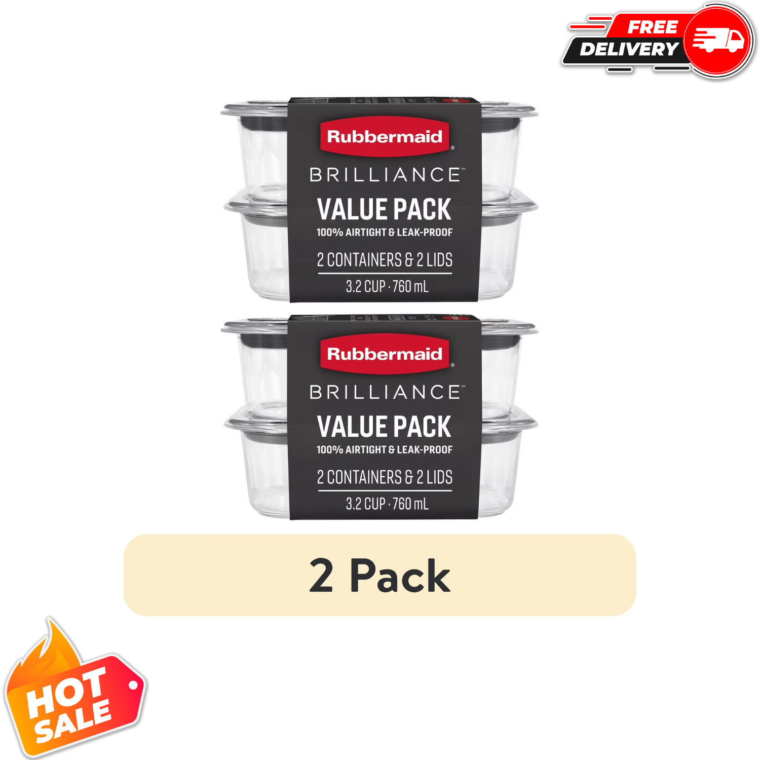 (4 Pack) Rubbermaid Brilliance Food Storage Containers 3.2 Cup Clear, Set of 2