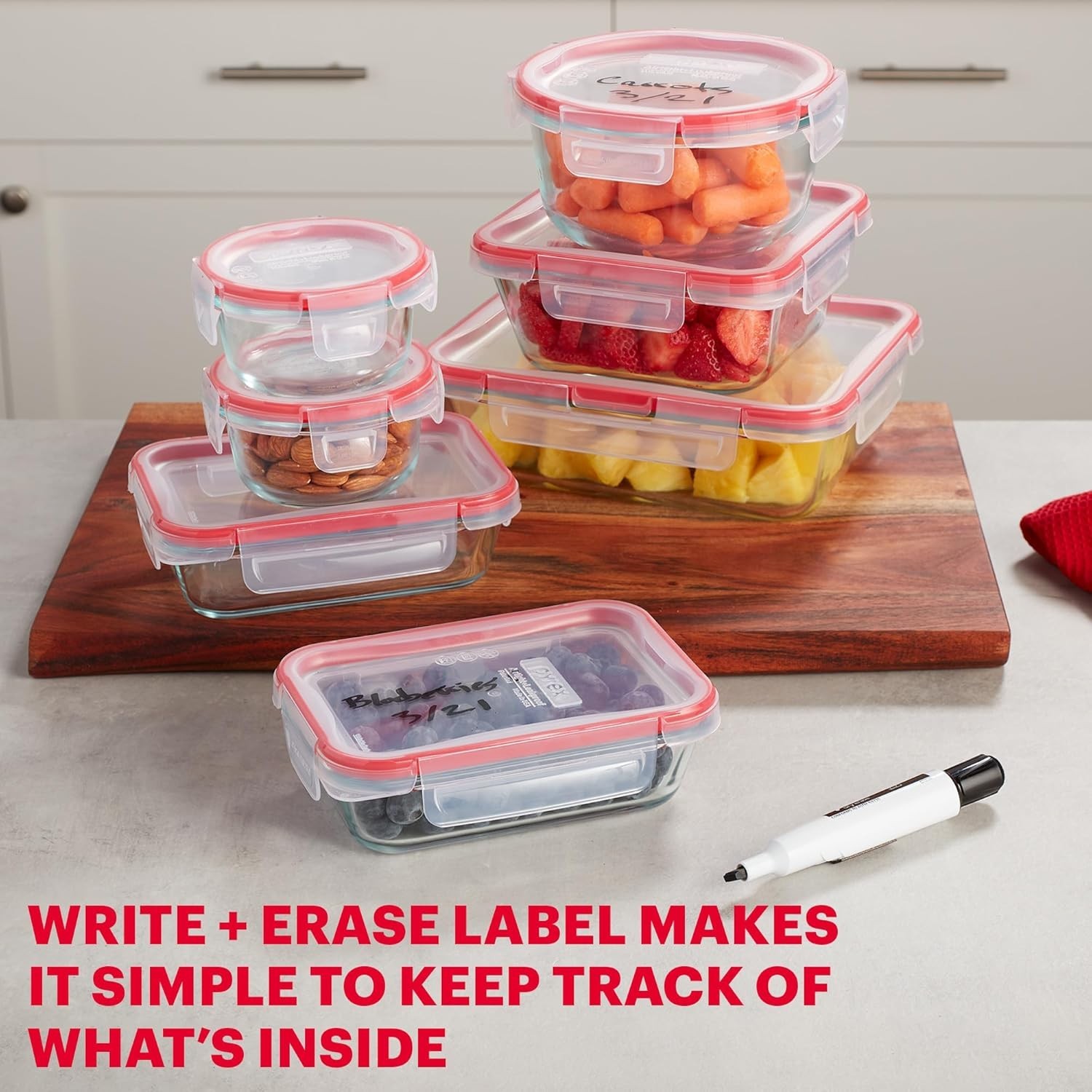 Airtight 7-Pack Glass Storage Set with Write + Erase Labels for Organizing