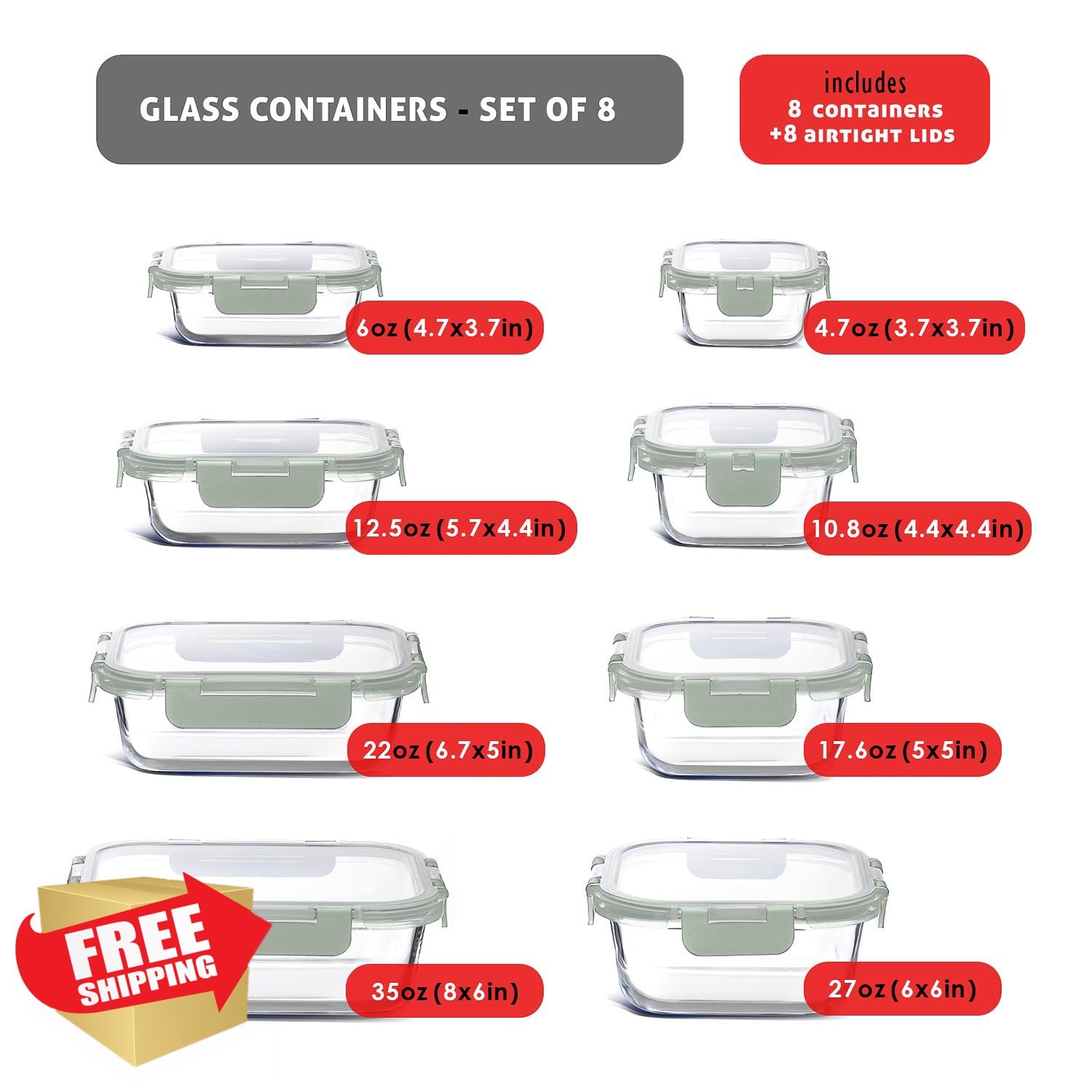 EATEX 8 Pack Sage Green Glass Containers