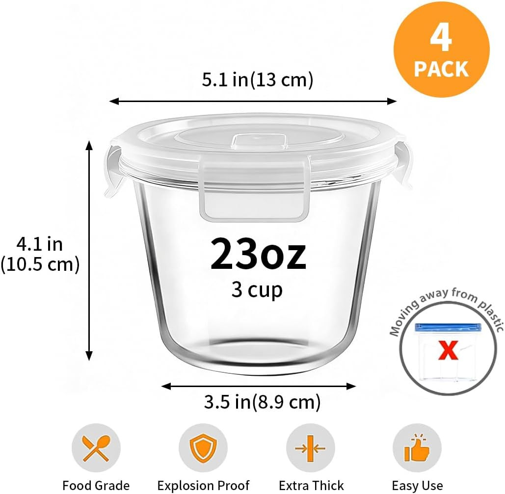 H.JSS WDJS 24 Oz Round Glass Food Storage Container set, 3 Cup Round Glass Soup