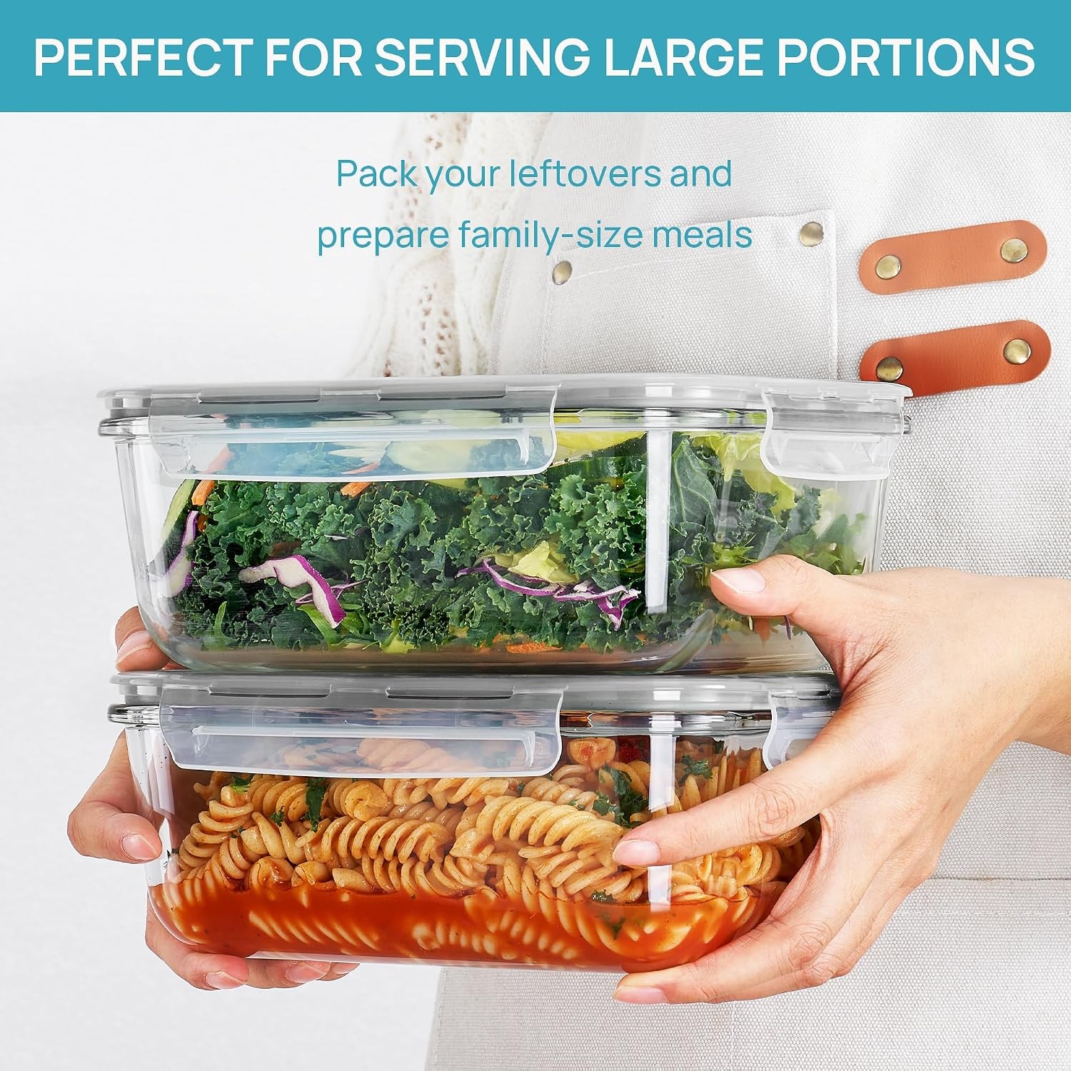 2Pack 1860ml/63oz Large Glass Storage Containers with Lids Meal Prep Food