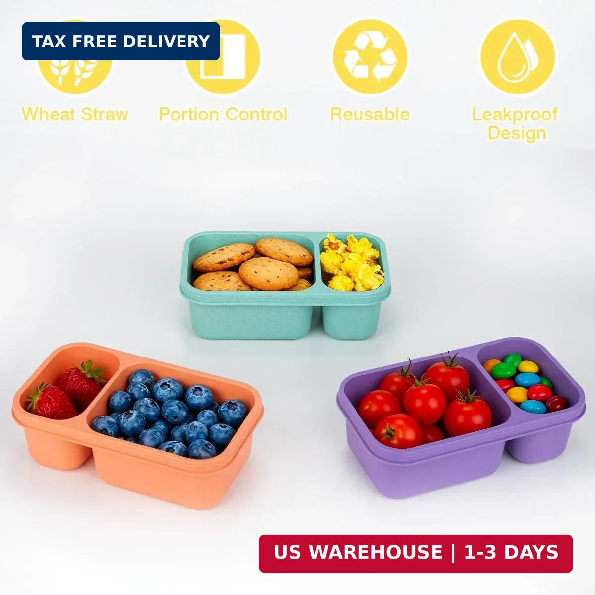 Wheat Straw Snack Containers Set of 3 with Lids 2 Compartment Meal Prep Food Box