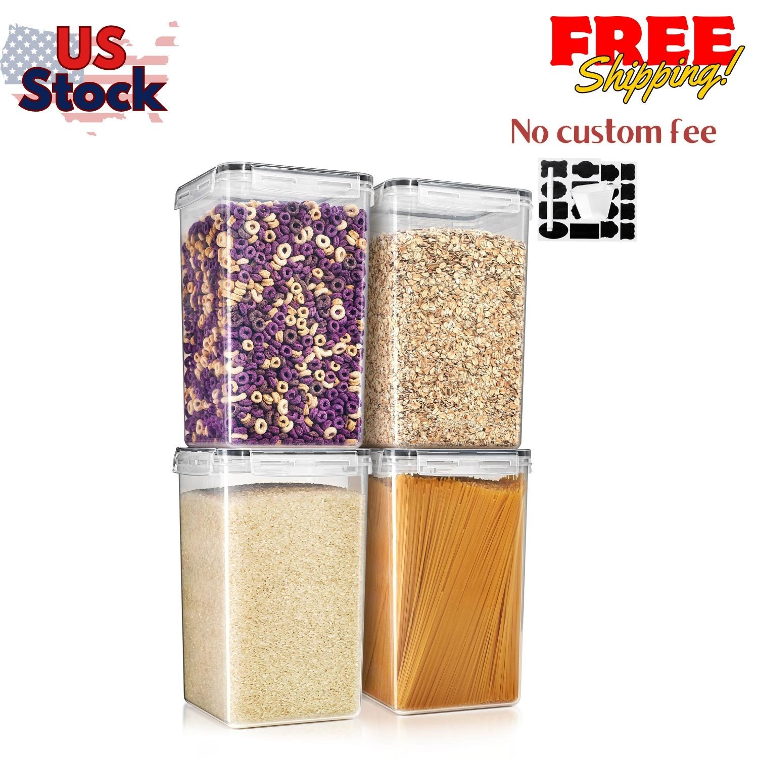 4-Pack Airtight Food Storage Containers with Locking Lids, Labels, 6.5L each