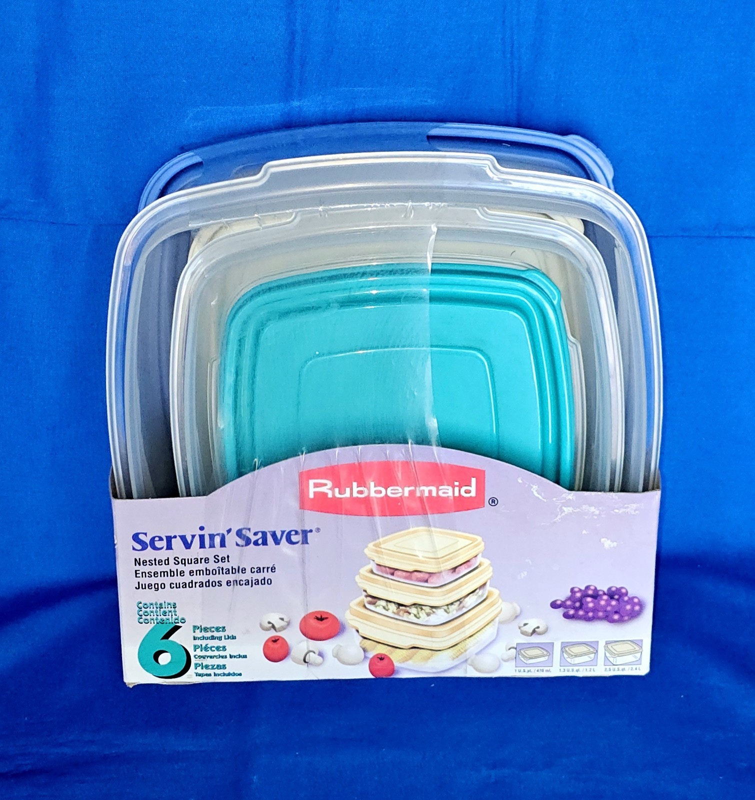 VTG Rubbermaid Servin Saver Nested Square Set NEW Blue Teal Almond 6pc Storage