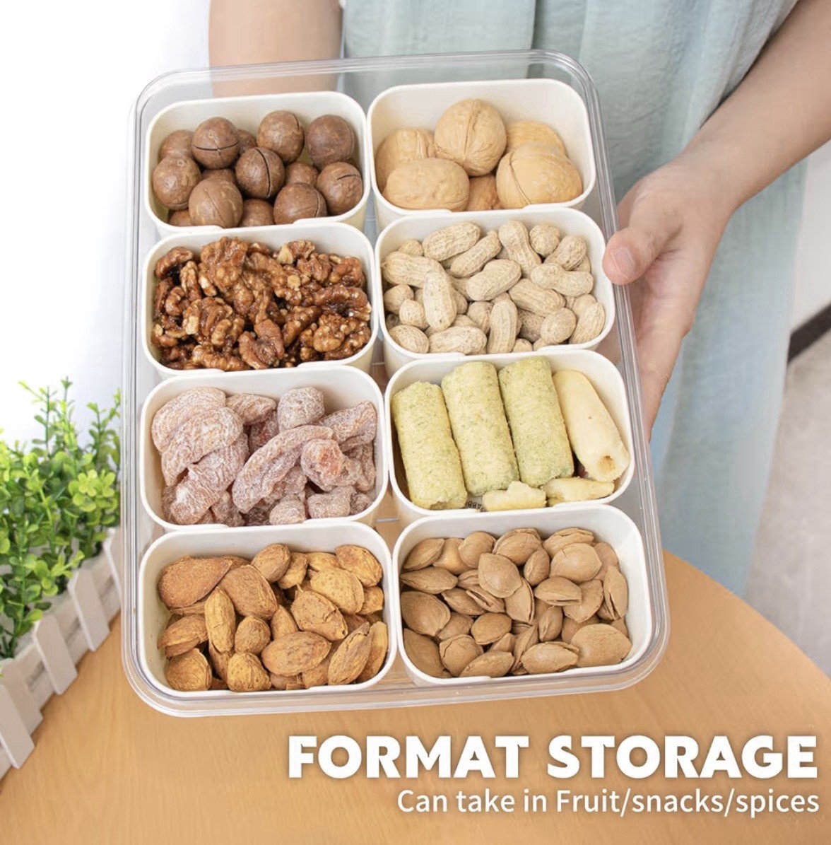 CWC 8-Compartment Plastic Snack Container Clear/Beige Rectangular Handle Lid