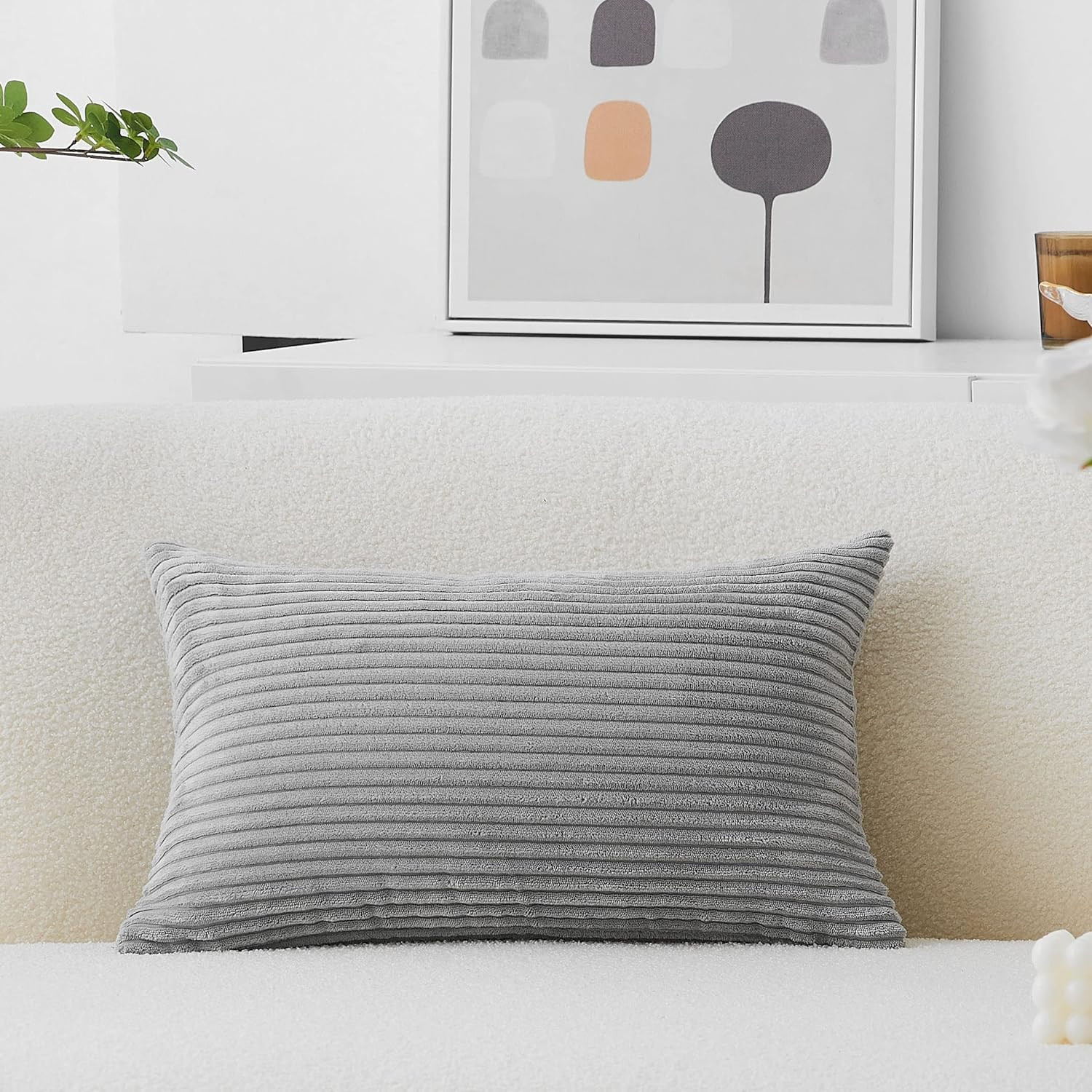 Lumbar Pillow Cover 12X20 Plush Velvet Corduroy Striped Rectangular Throw Pillow