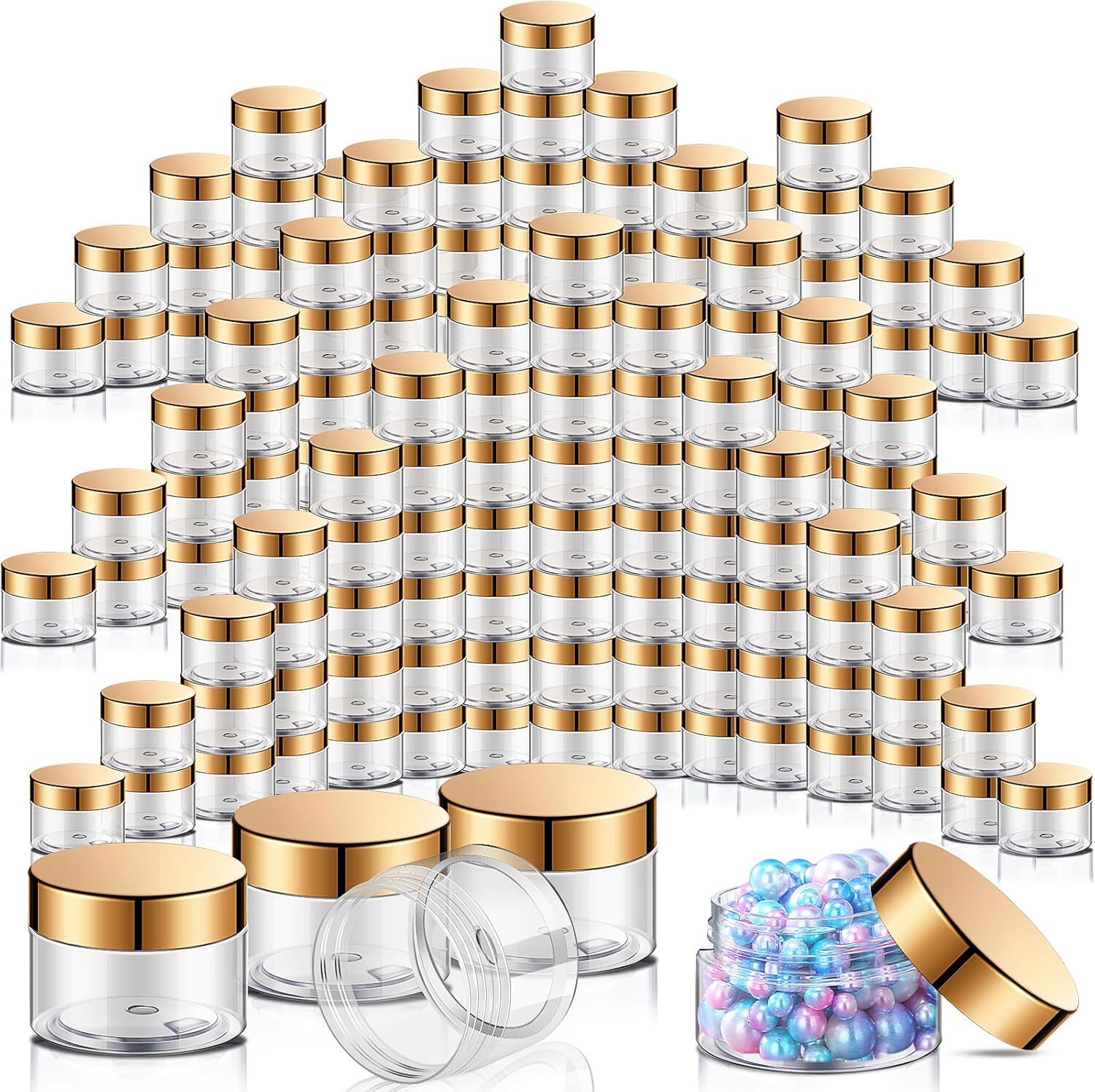 SATINIOR 100 Pcs Plastic Jars with Lids Small Clear 2 oz, Gold Lid