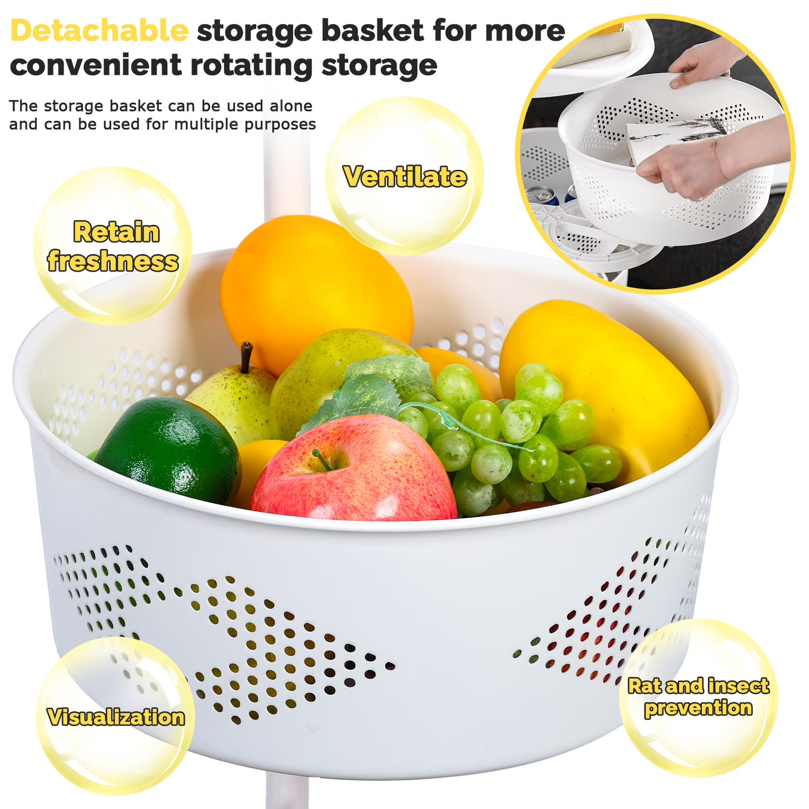 5-Tier Rotating Kitchen Storage Rack with Hollow Mesh Baskets