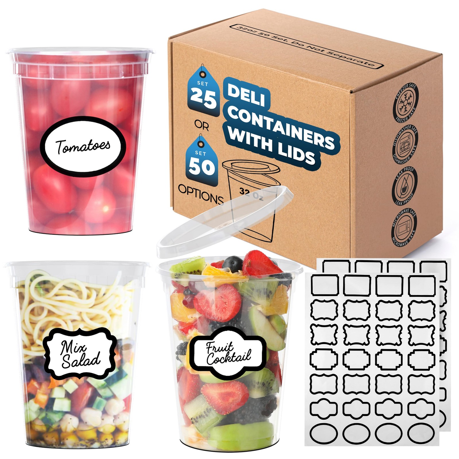 [50 Sets] 32 oz Deli Containers with Lids & (2) Label Sheets – Leakproof BPA-…