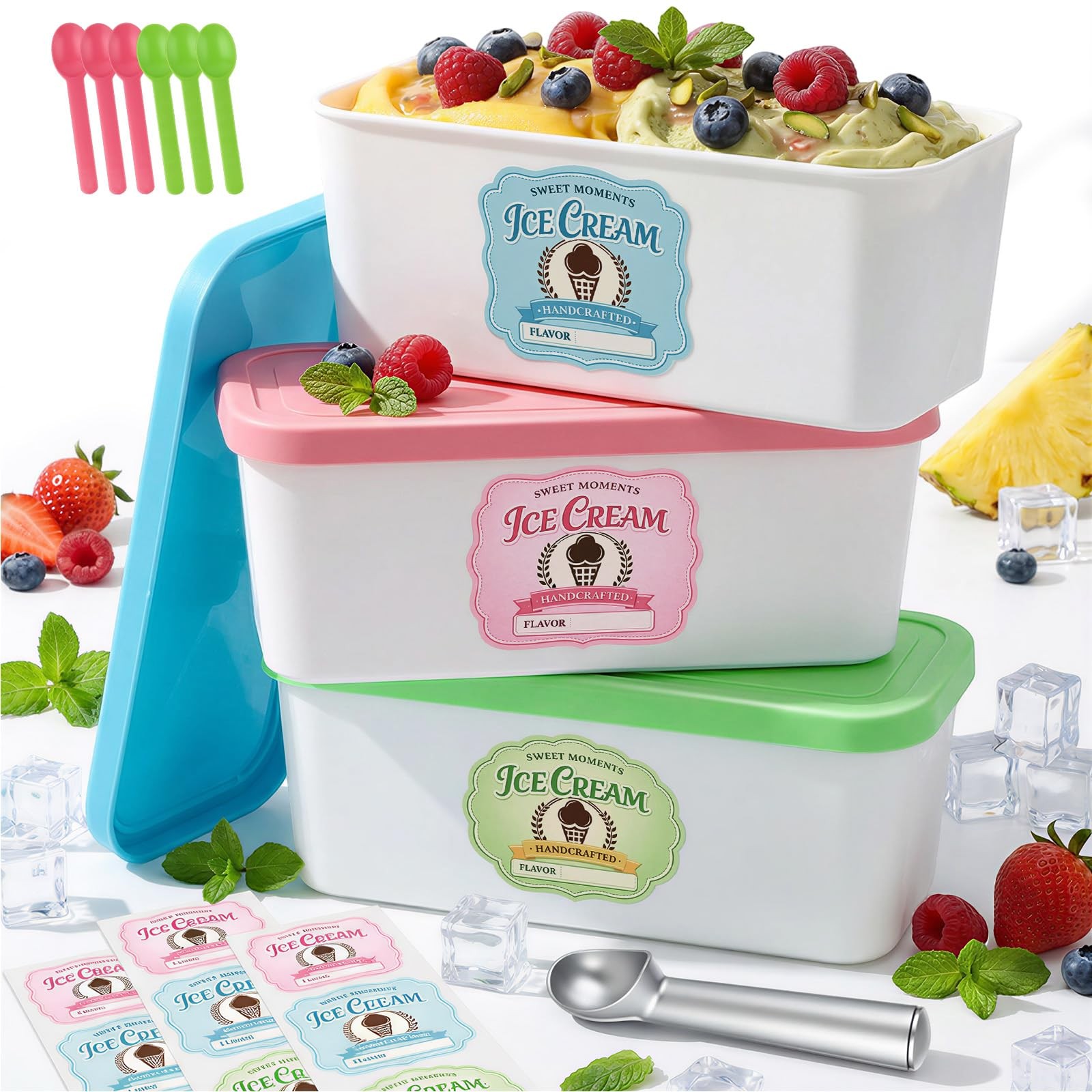 LemonRoad 3 Pack Reusable Ice Cream Containers 2 Quart Pink Blue Green