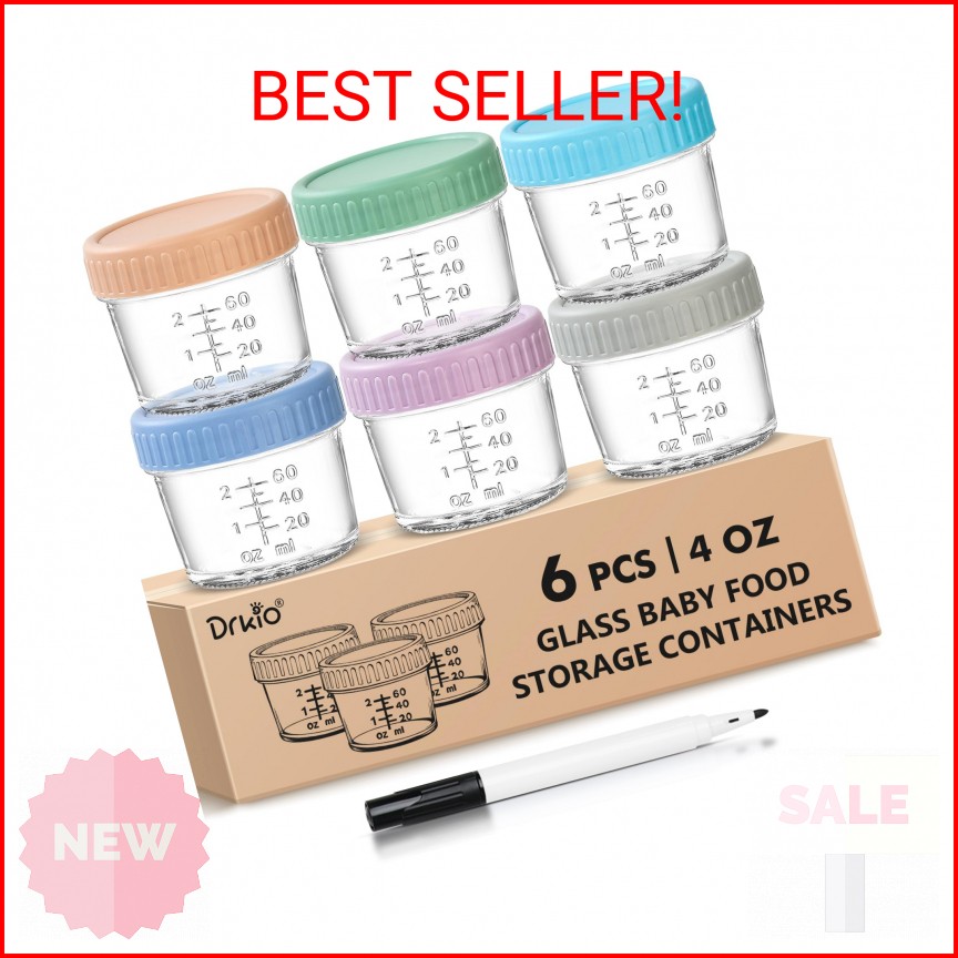 DRKIO 6 Pack Glass Baby Food Storage Containers – 4 Oz Baby Food Jars with Lids