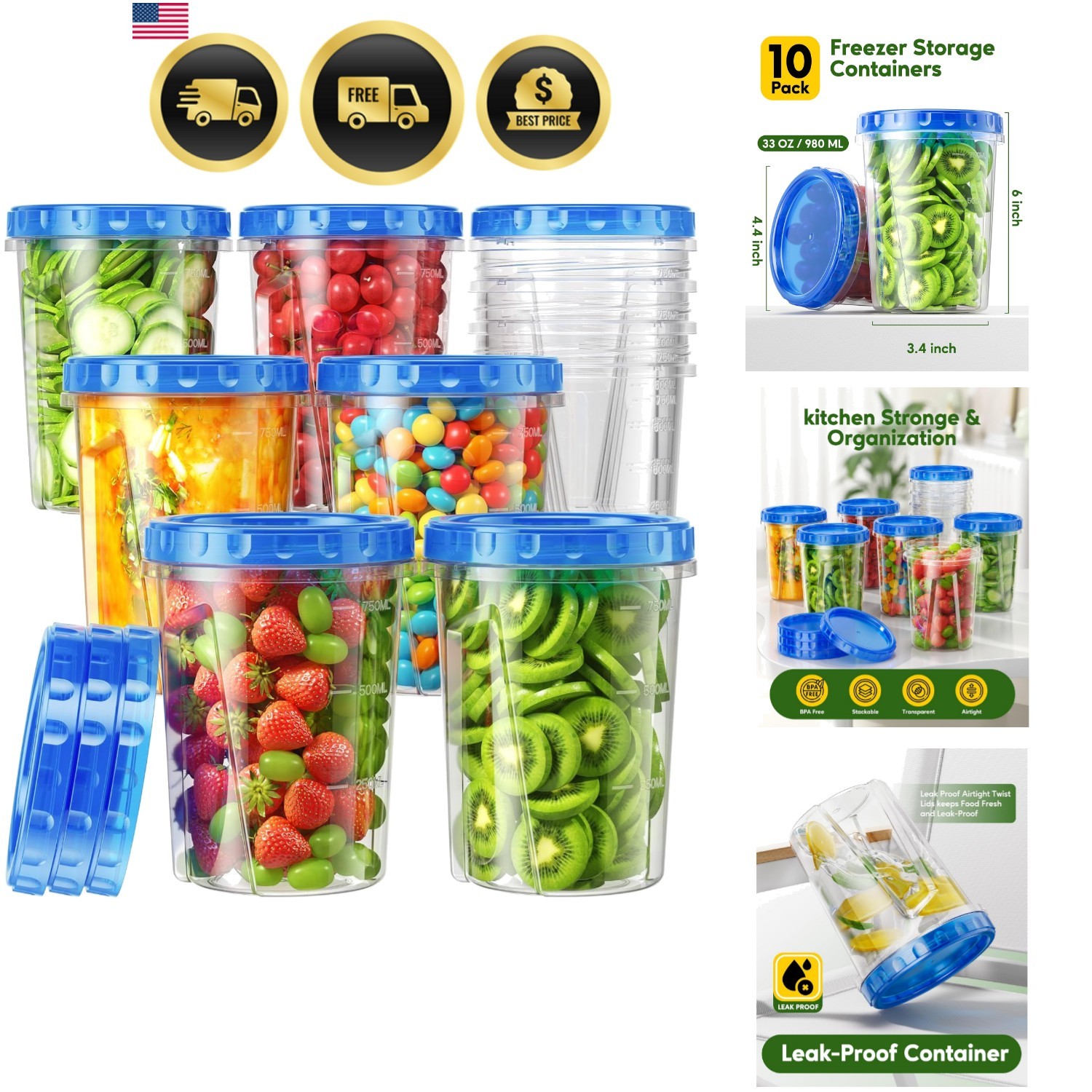 Lightweight 10 Pack 33oz BPA Free Storage Containers – Easy Clean & Portable