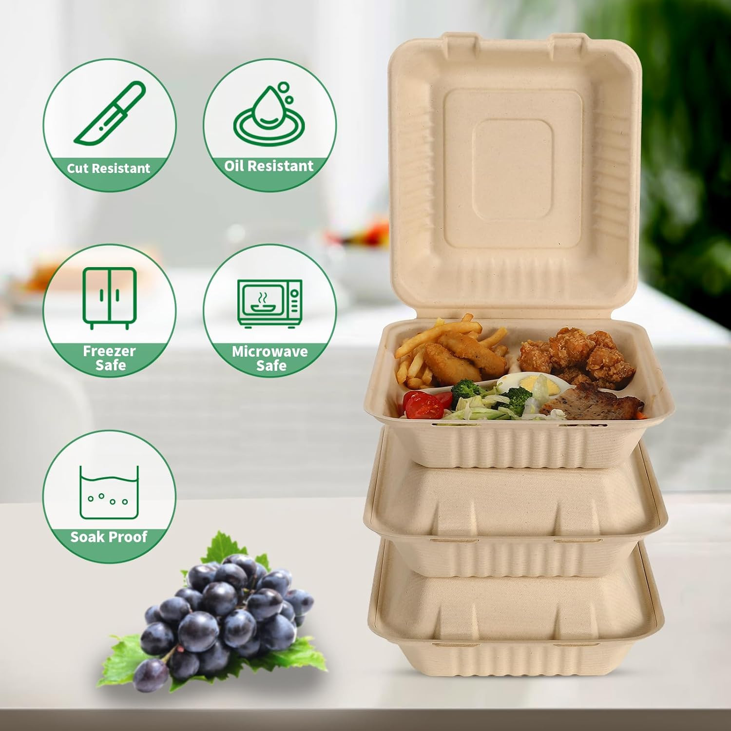 3‑Compartment 8×9″ Compostable Takeout Boxes 100‑Pack PFAS‑Free Bagasse