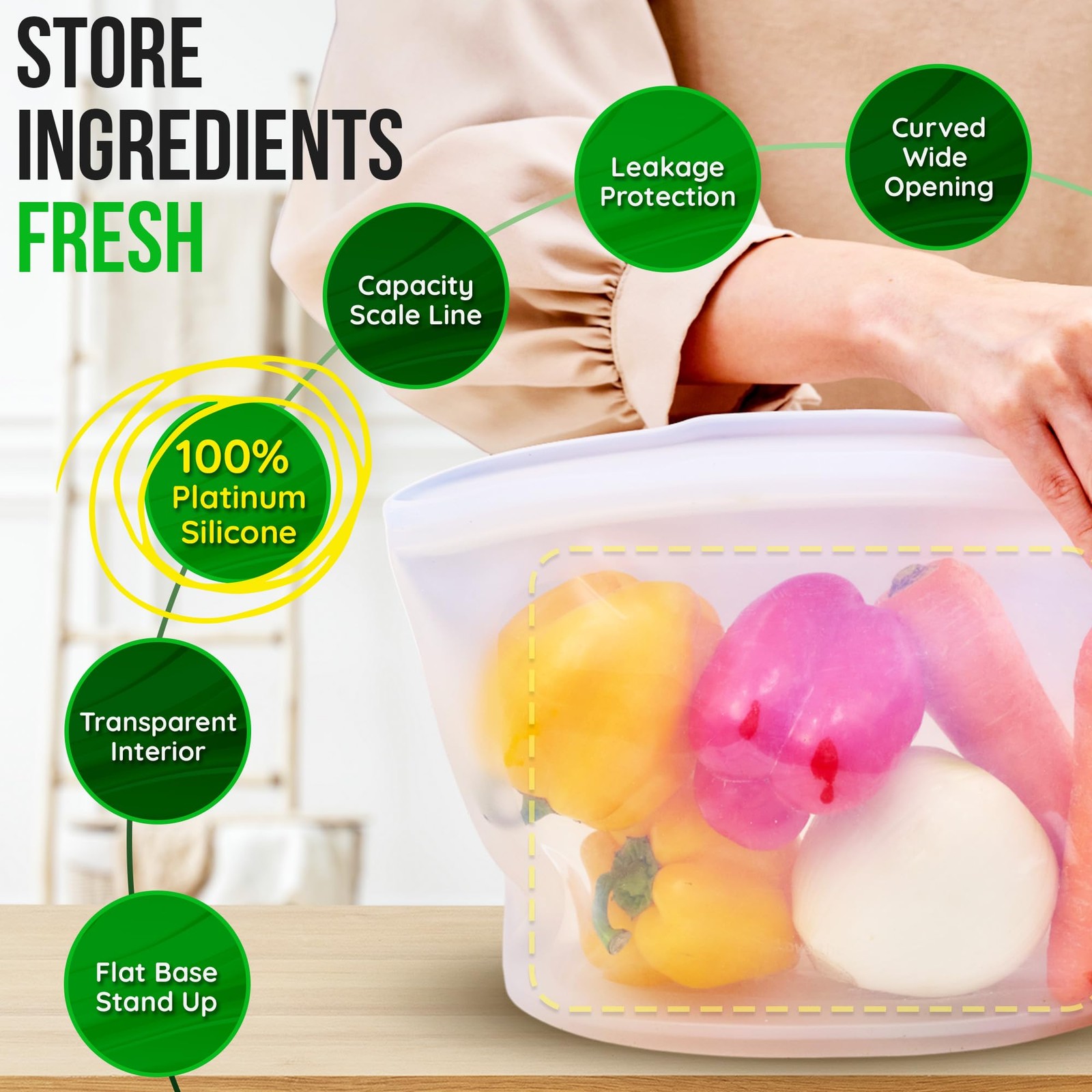 Reusable Silicone Food Storage Bags, 3-Pack Variety Set (2, 3.5, 6 Cups), Mad…