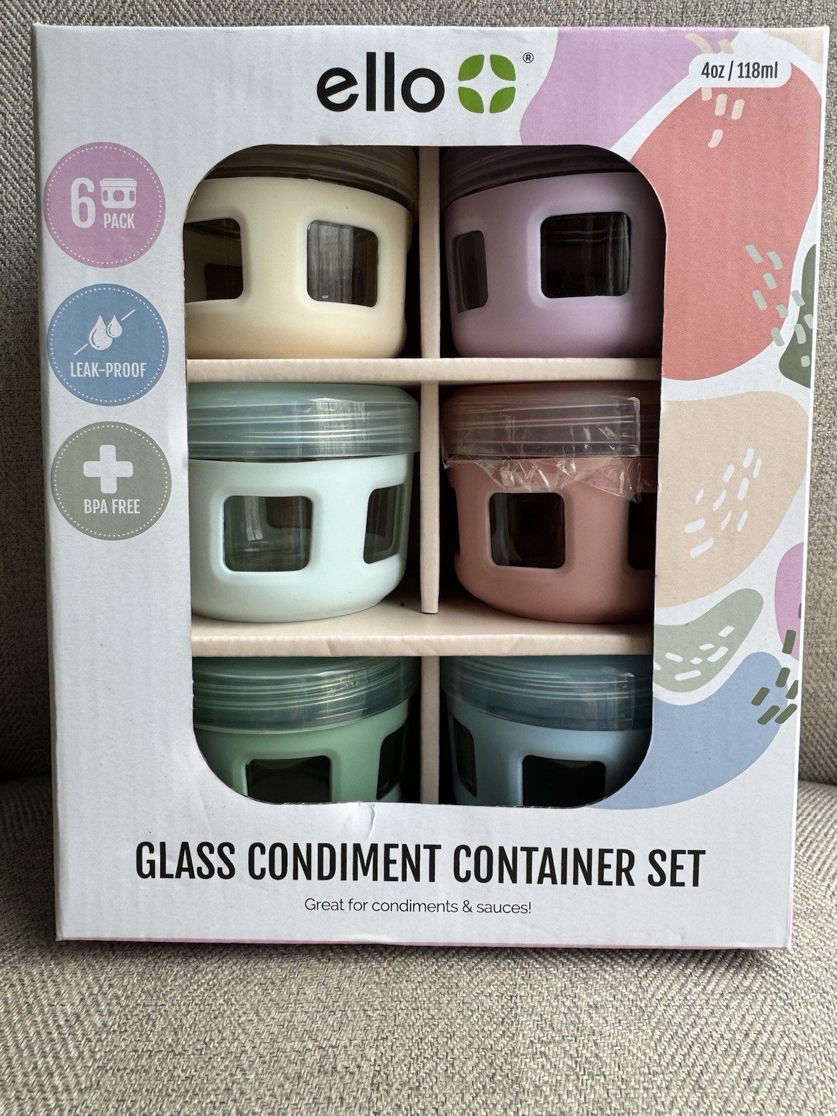 NEW! Ello Glass Condiment Containers Set Of 6. Leak Proof. 4oz Each. BPA Free.