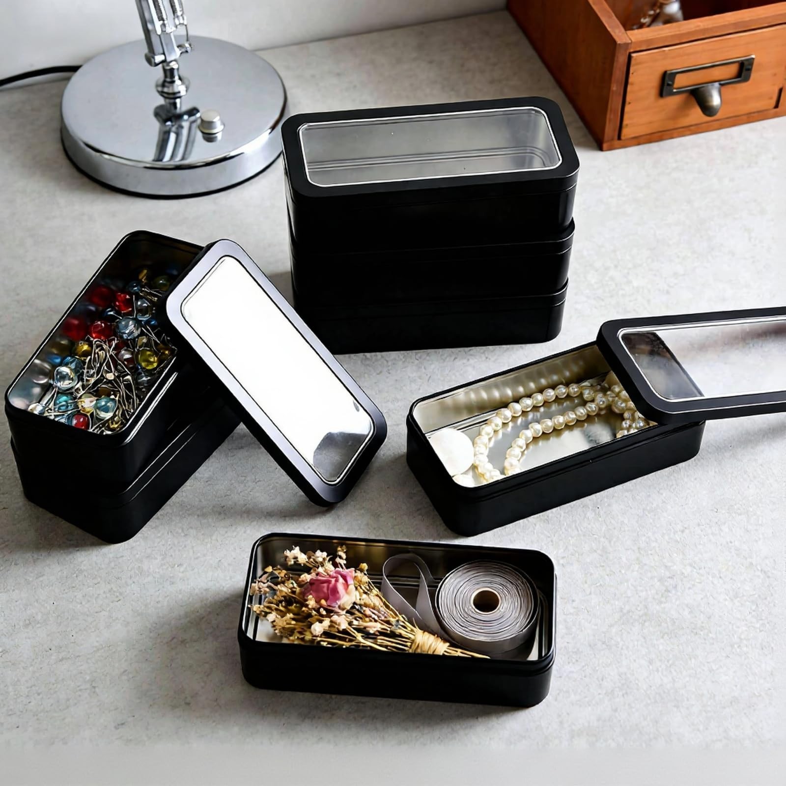 7Pcs Rectangle Metal Storage Tins with Window Lids | Mini Canister Jars Set, 5.9