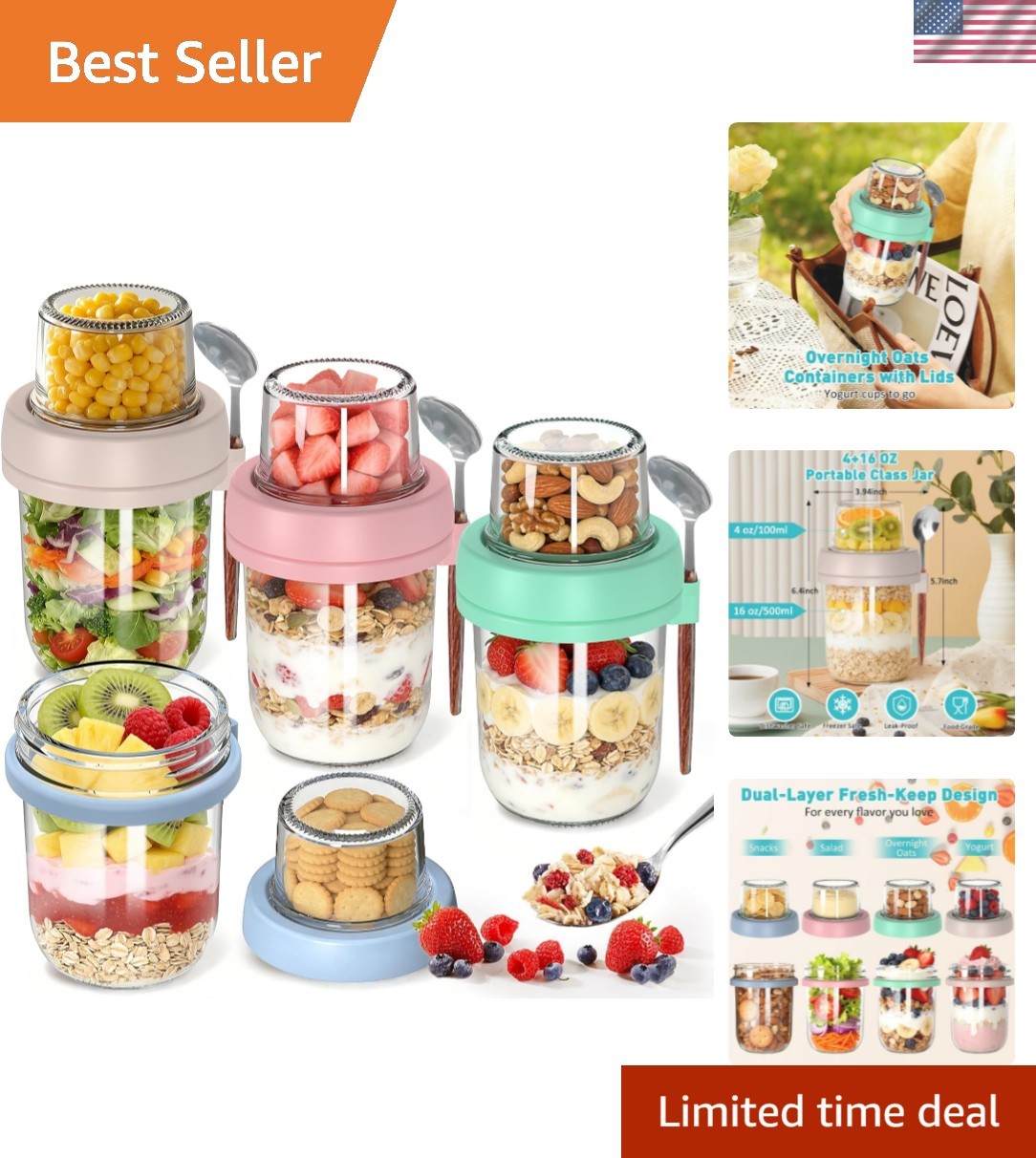 4 Pack Overnight Oats Containers with Lids and Spoons, 20 oz 16+4 Overnight O…