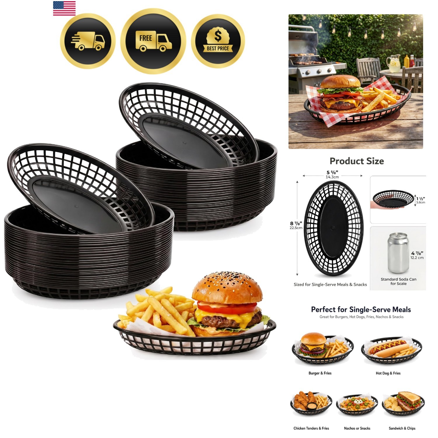 50 Pack Black Oval Fast Food Baskets – Sturdy Serving Trays for All Occasions
