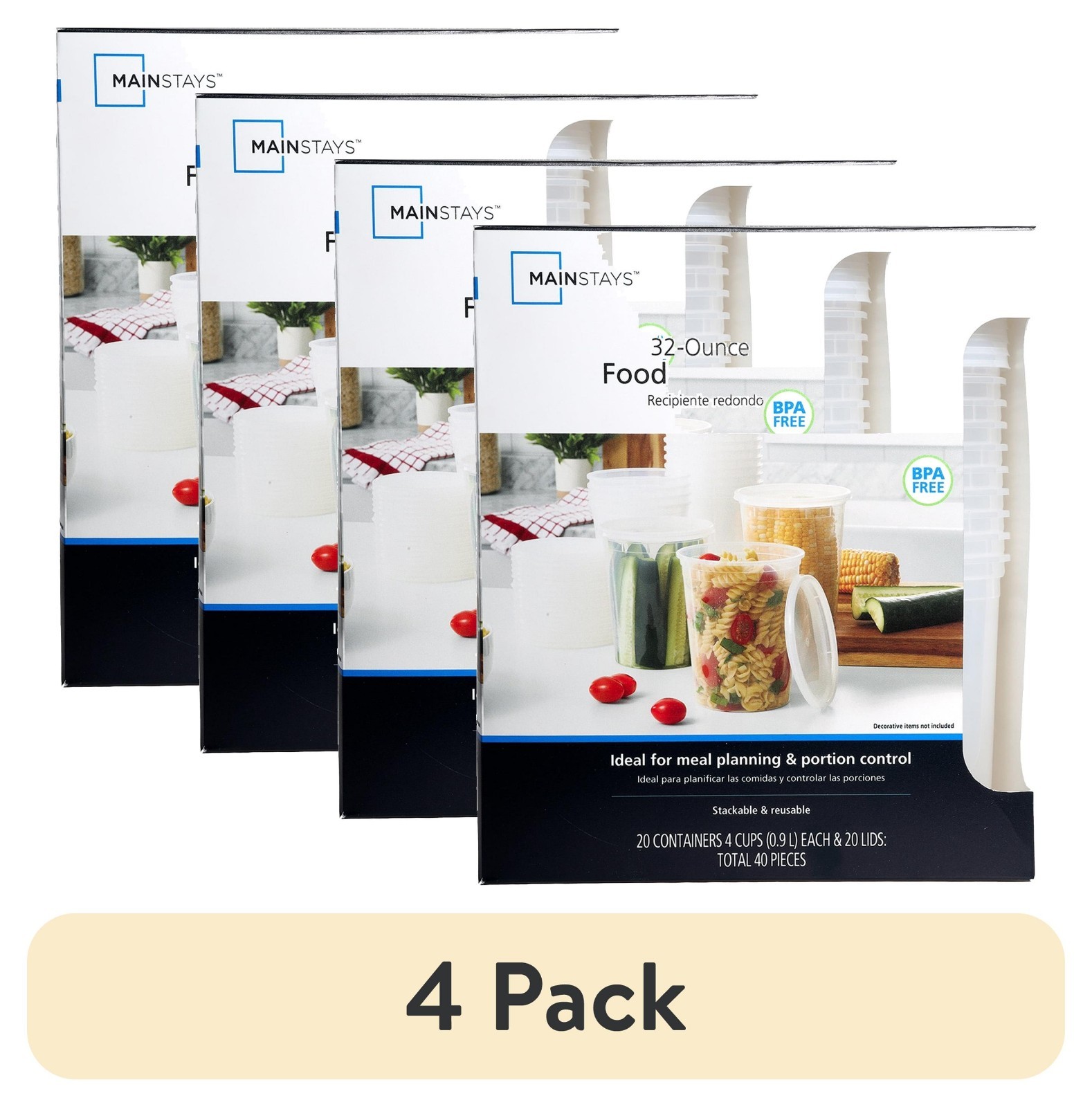(4 pack) Mainstays 40 Piece 32oz Plastic Deli Container, Ideal Use for Meal Pre