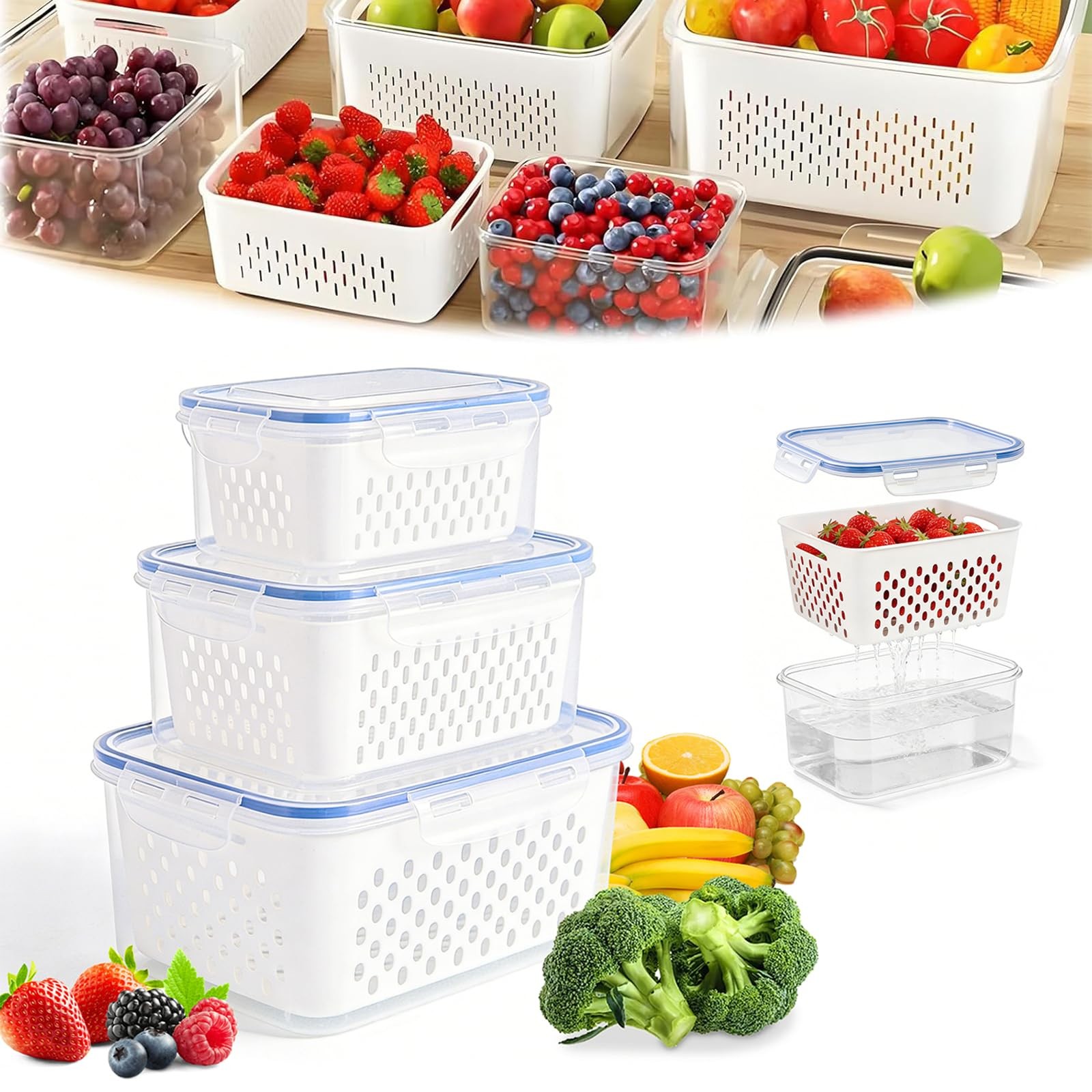4 in 1 Fruit Storage Containers for Fridge, approx. 15.5 x 10.5 x 8 cm, White