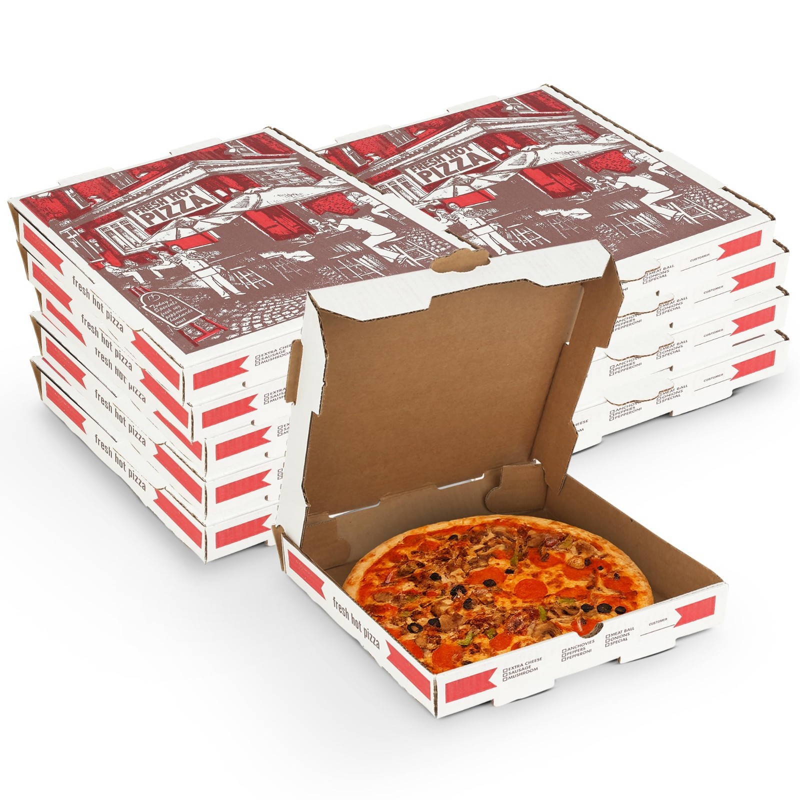 MT Products White and Red B-Flute Pizza Boxes 18″ x 18″ x 2″ – Pack of 50