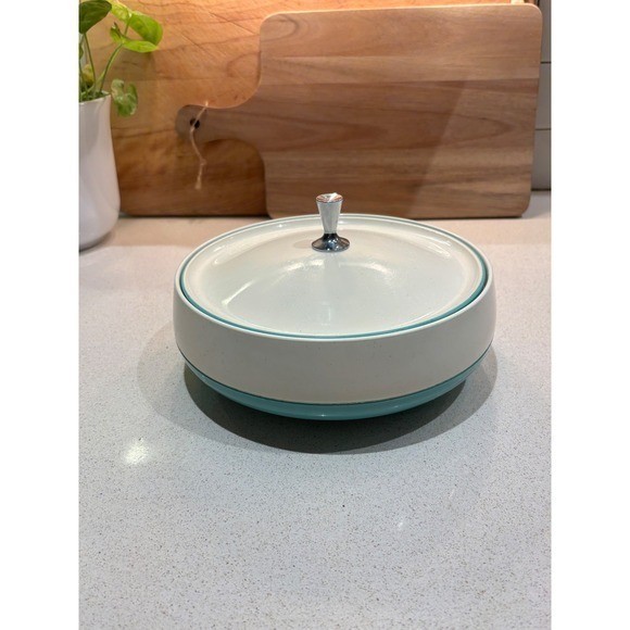 Vintage Vacron Bopp-Decker Melamine Serving Dish Lid Chrome Knob Turquoise White