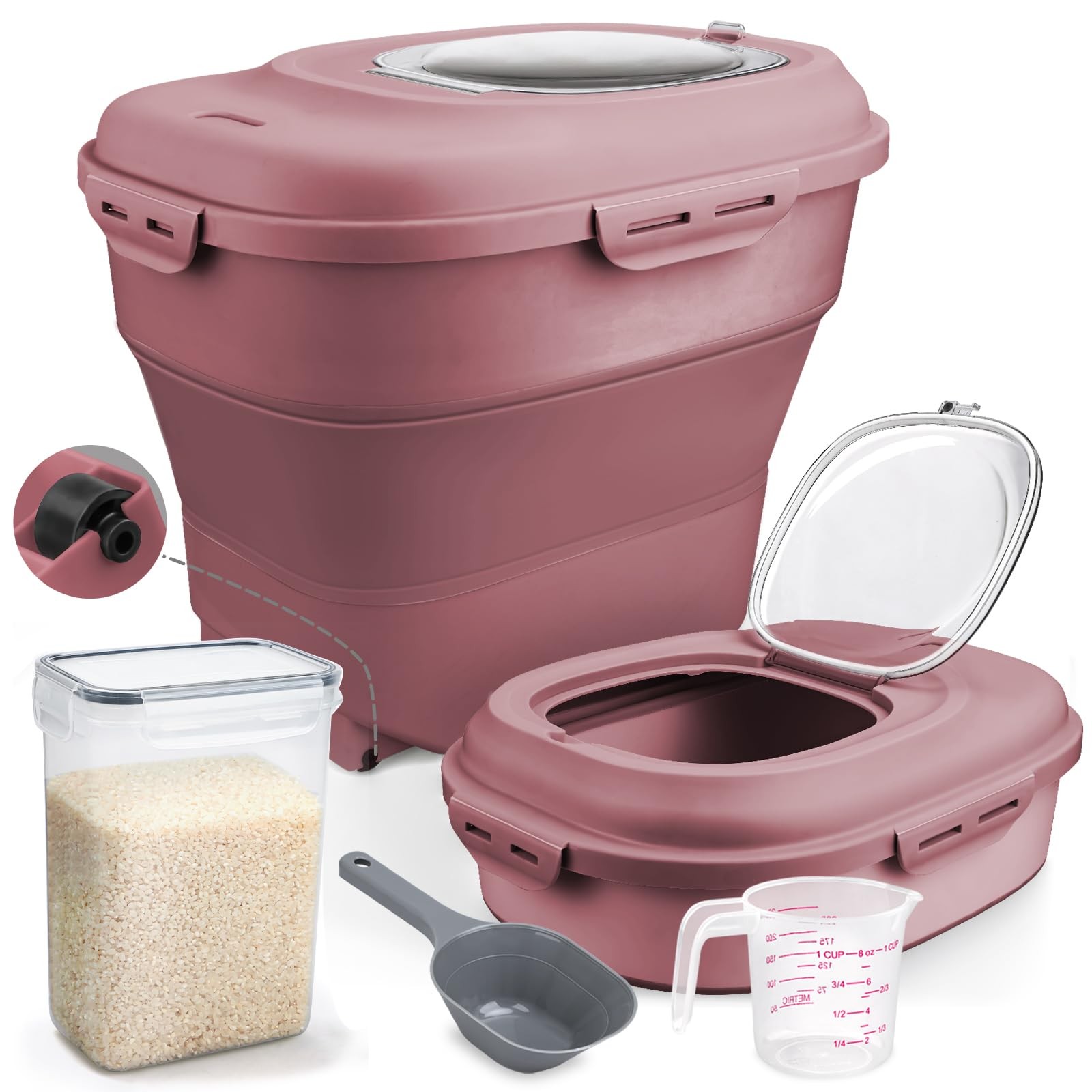 Komzon Rice Storage Bin Cereal Containers, 13-50lb Collapsible Large, Pink