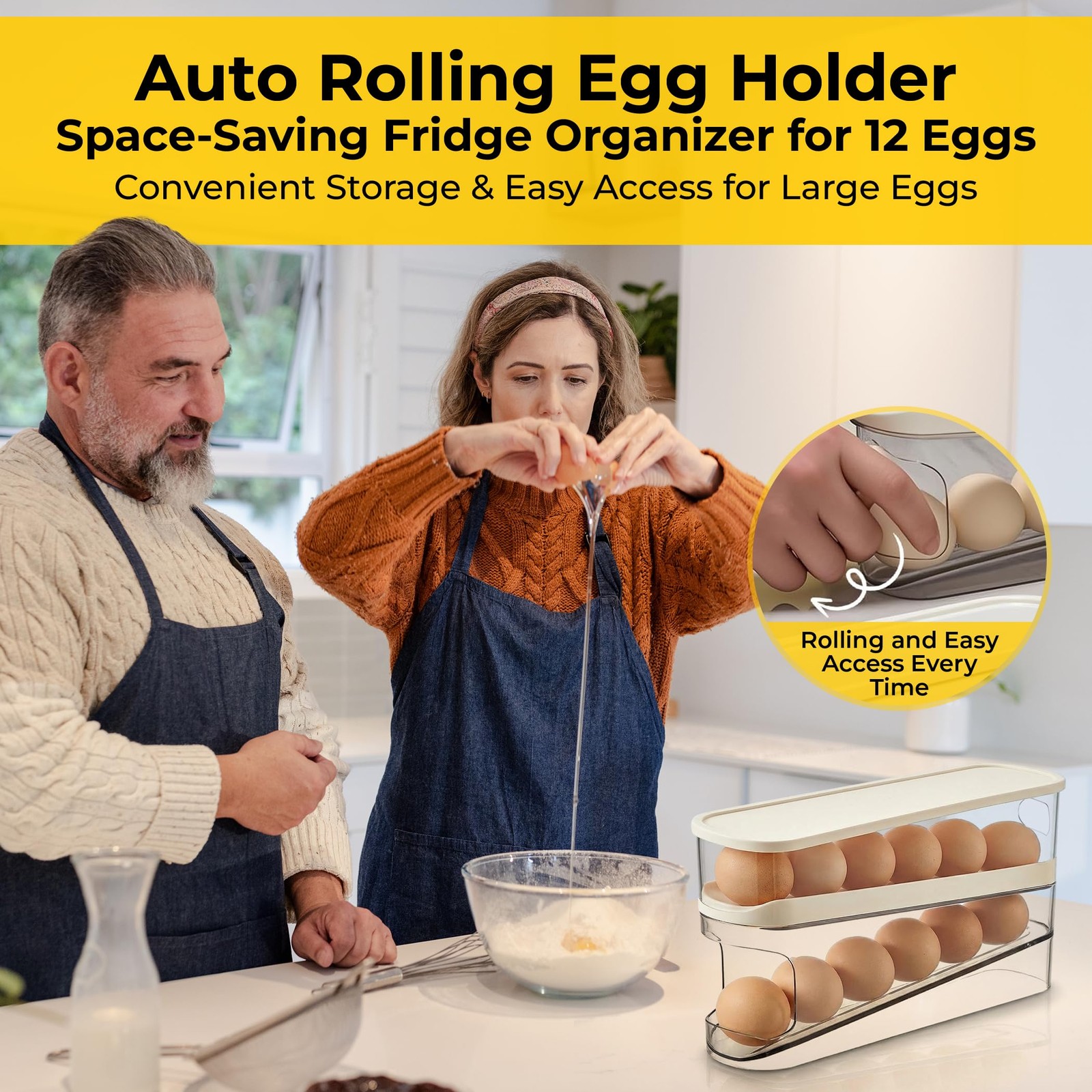 Automatic Rolling Fridge Egg Container 12 Eggs, 2-Tier Egg Holder for Refrige…
