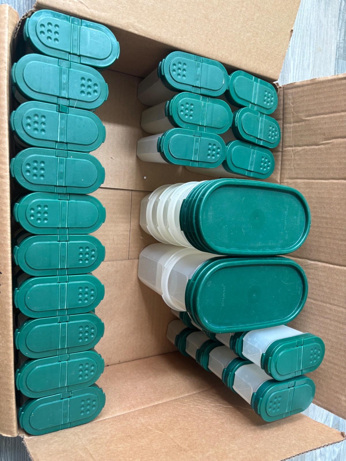 Lot of 40 Vintage Tupperware Modular Mates Spice Containers Clear W/ Green Lids