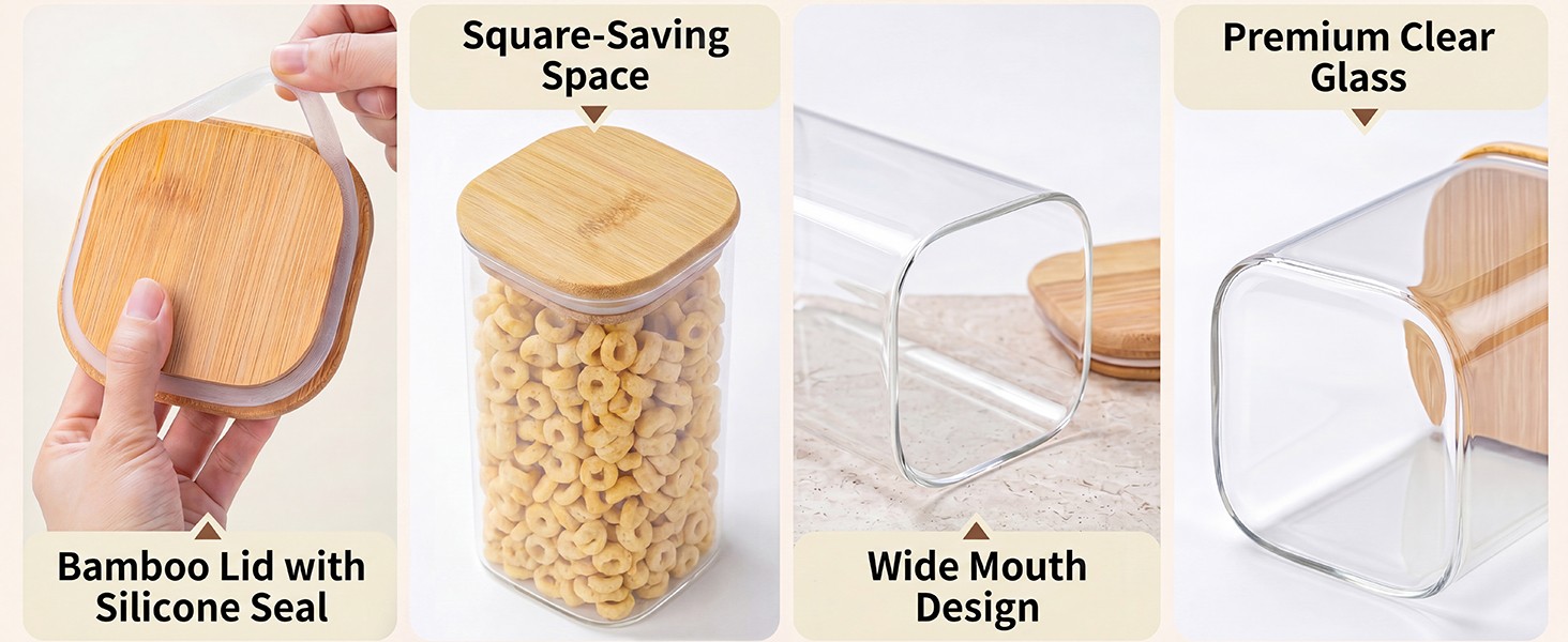 37 Oz Glass Storage Jars with Bamboo Lids – 6 Pack Clear Glass Canisters Square