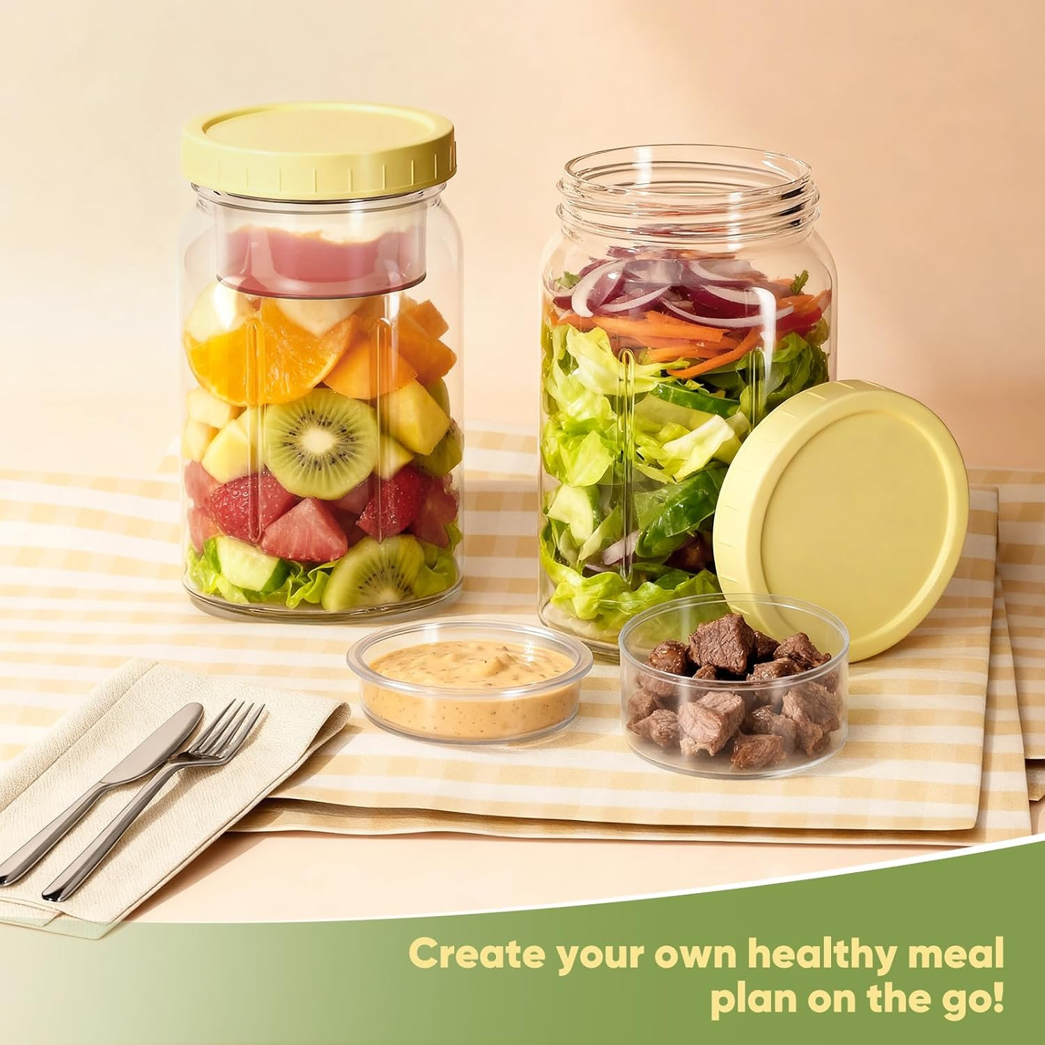 4 Pack Salad Jars Dressing Container -32OZ Glass Salad Leakproof Container Fresh