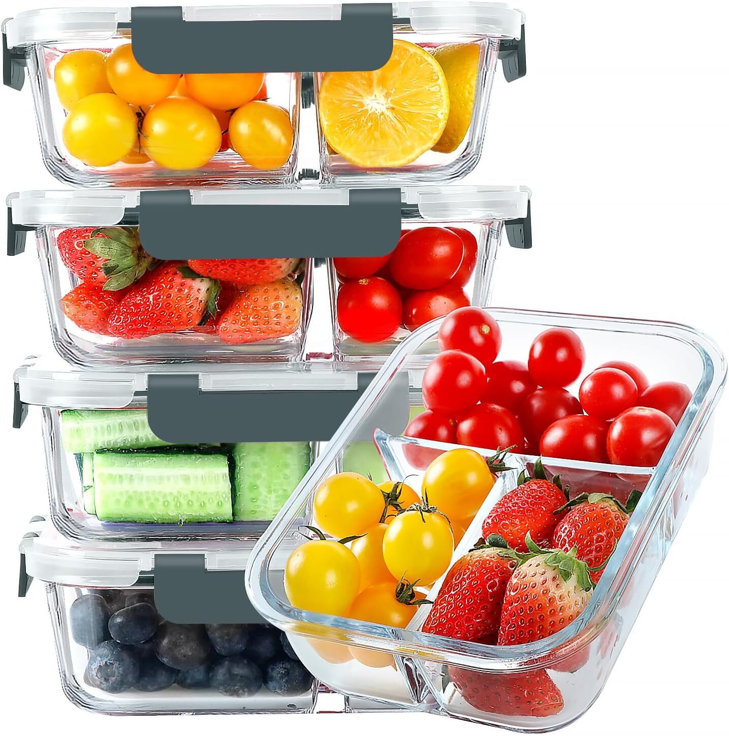 Glass Containers 3 Compartments 5 Pack 36 oz with Lids Freezer & Microwave Safe