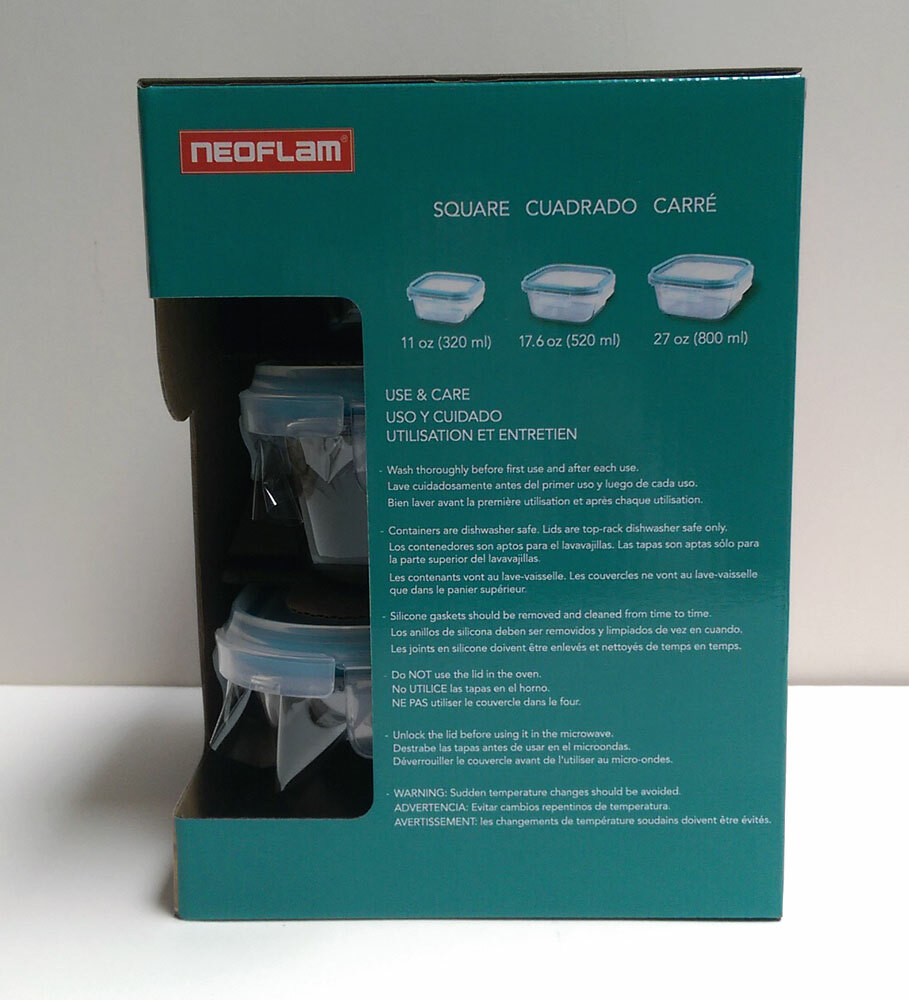 NEOFLAM 6 PC Cloc Glass Food Container Storage Lunch Airtight Lids Gift Set NEW