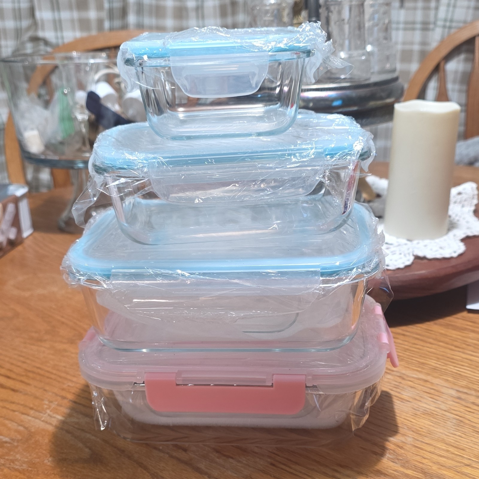 6-Piece Glass & Plastic Rectangular Food Storage Set, Snap Lids, Clear/Blue/Pink