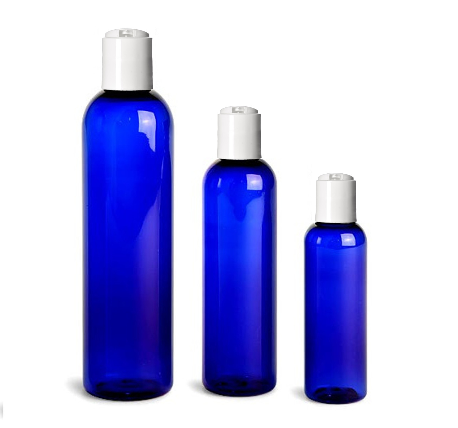 Blue Cosmo Round PET Plastic Bottles Empty With White Disc Cap Lids & Liners
