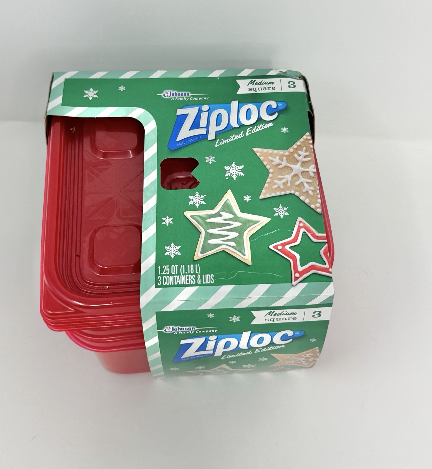 Ziploc Medium Square 3 Containers 3 Lids RED Limited Edition Holiday NOS Read