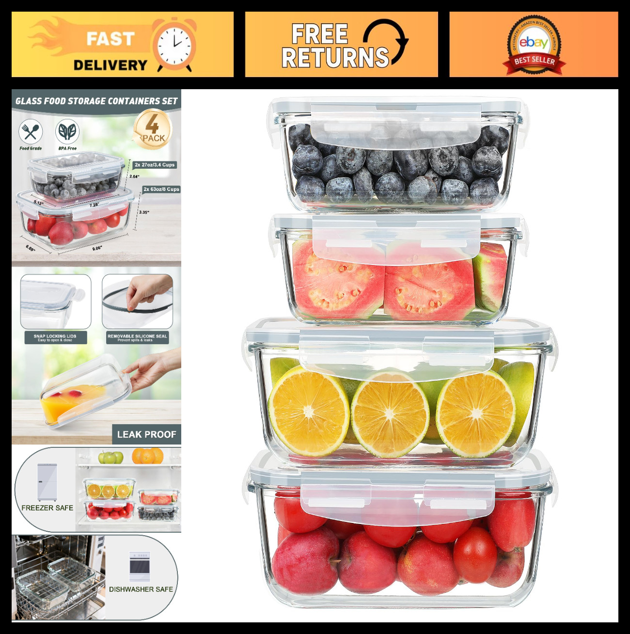 4 Pack Glass Food Storage Containers Set – 63oz & 27oz, Airtight, BPA-Free, Meal
