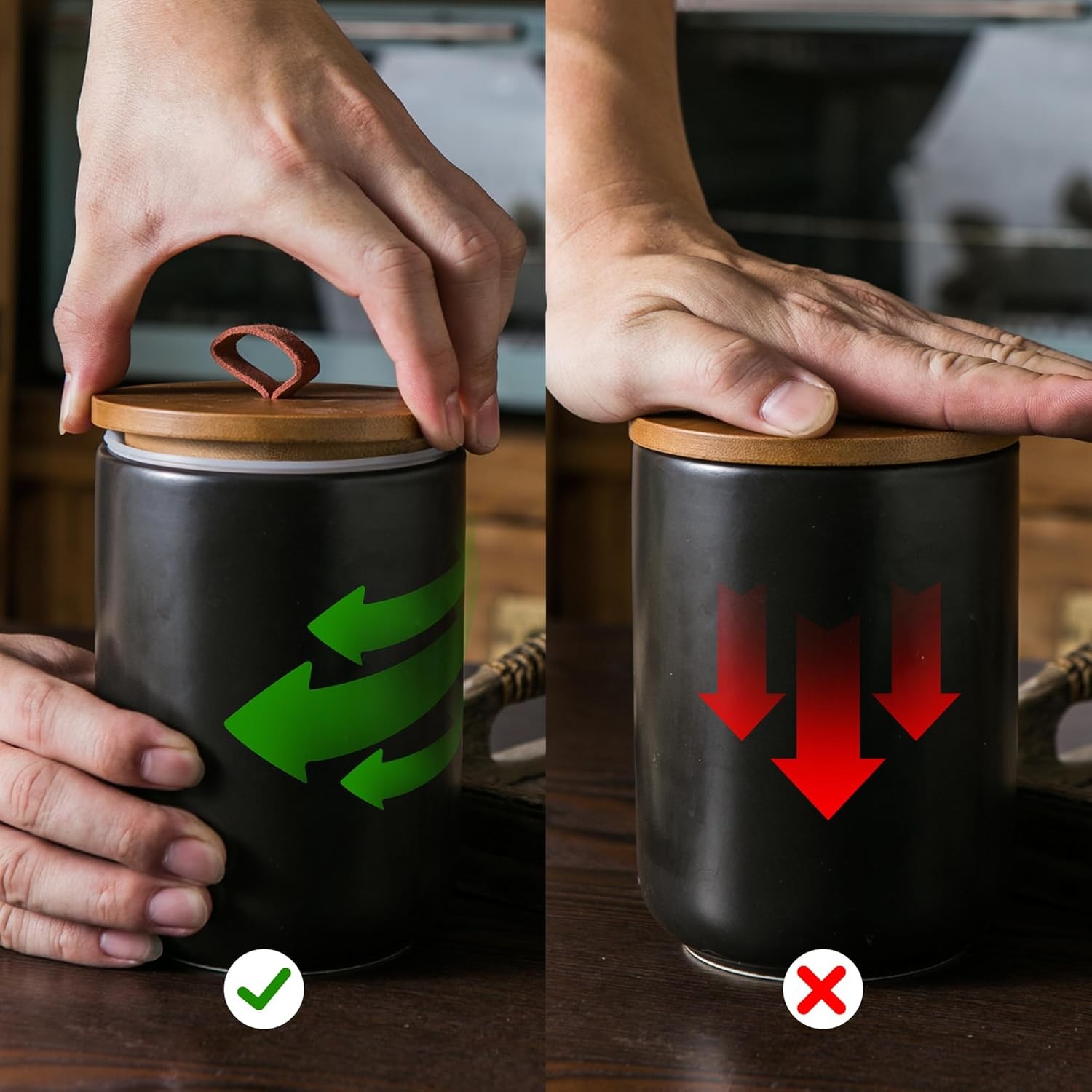 Black Ceramic Canister Set with Wooden Lid, 3-Piece Airtight Food Storage Jars