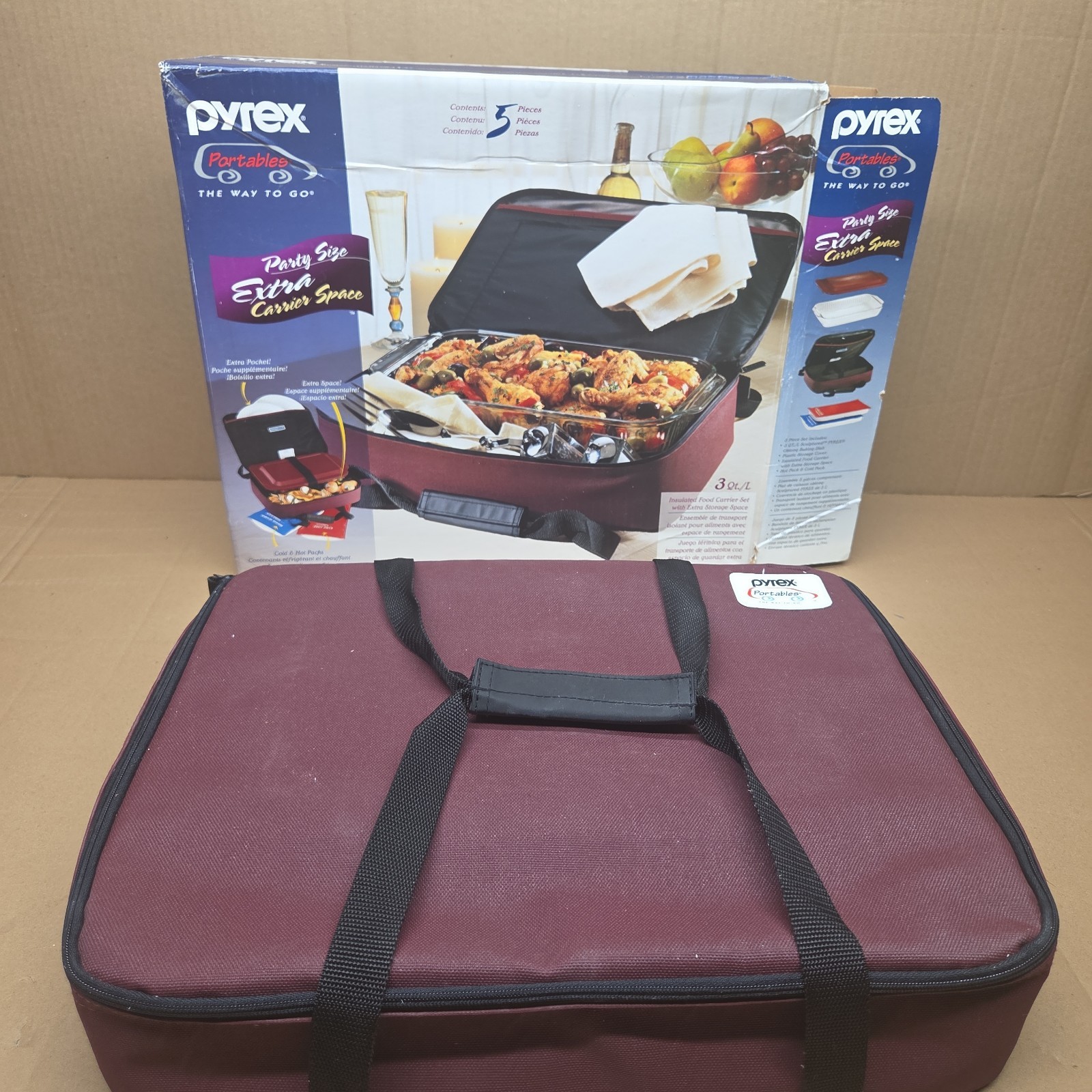 Vintage 90’s Pyrex Portables 5-Piece 3 Qt Pan Insulated Food Carrier Set Maroon