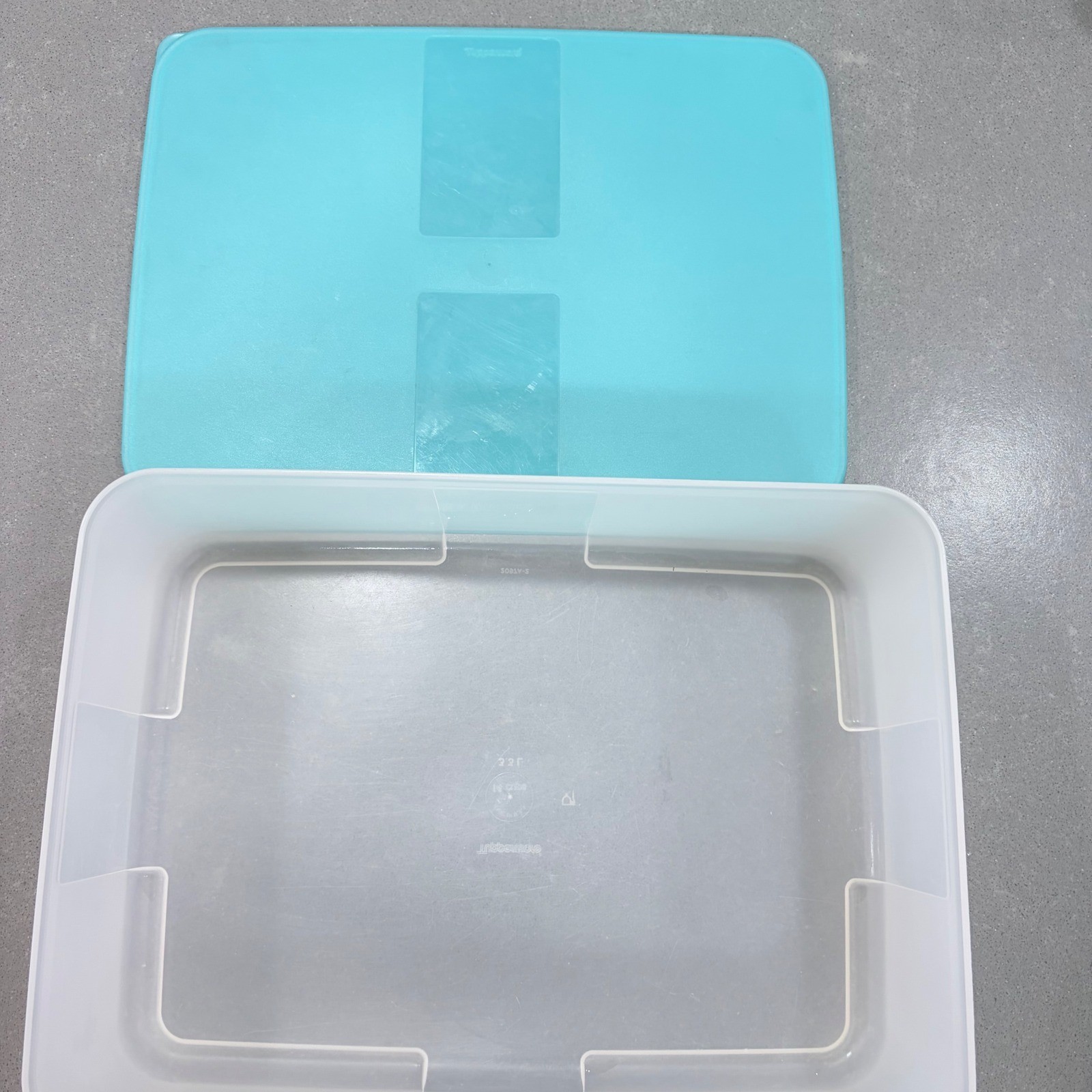 VNTG 11×7 Tupperware Storage Container Clear Frosted Base Turquoise Lid