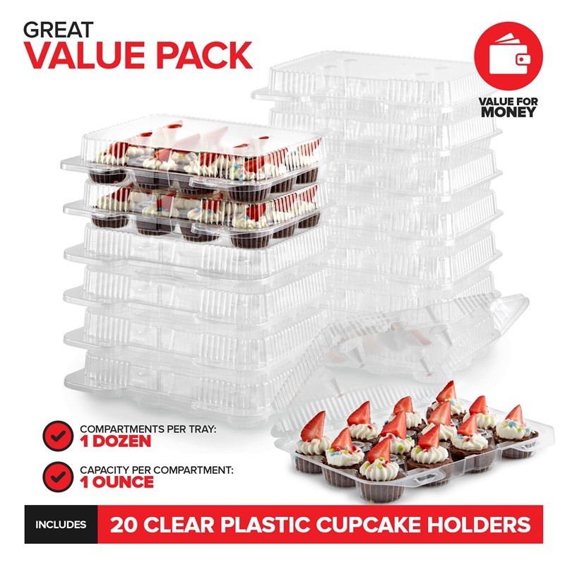 Stock Your Home Mini Plastic Cupcake Containers 20 Pack 12 Ct Tray Compartment