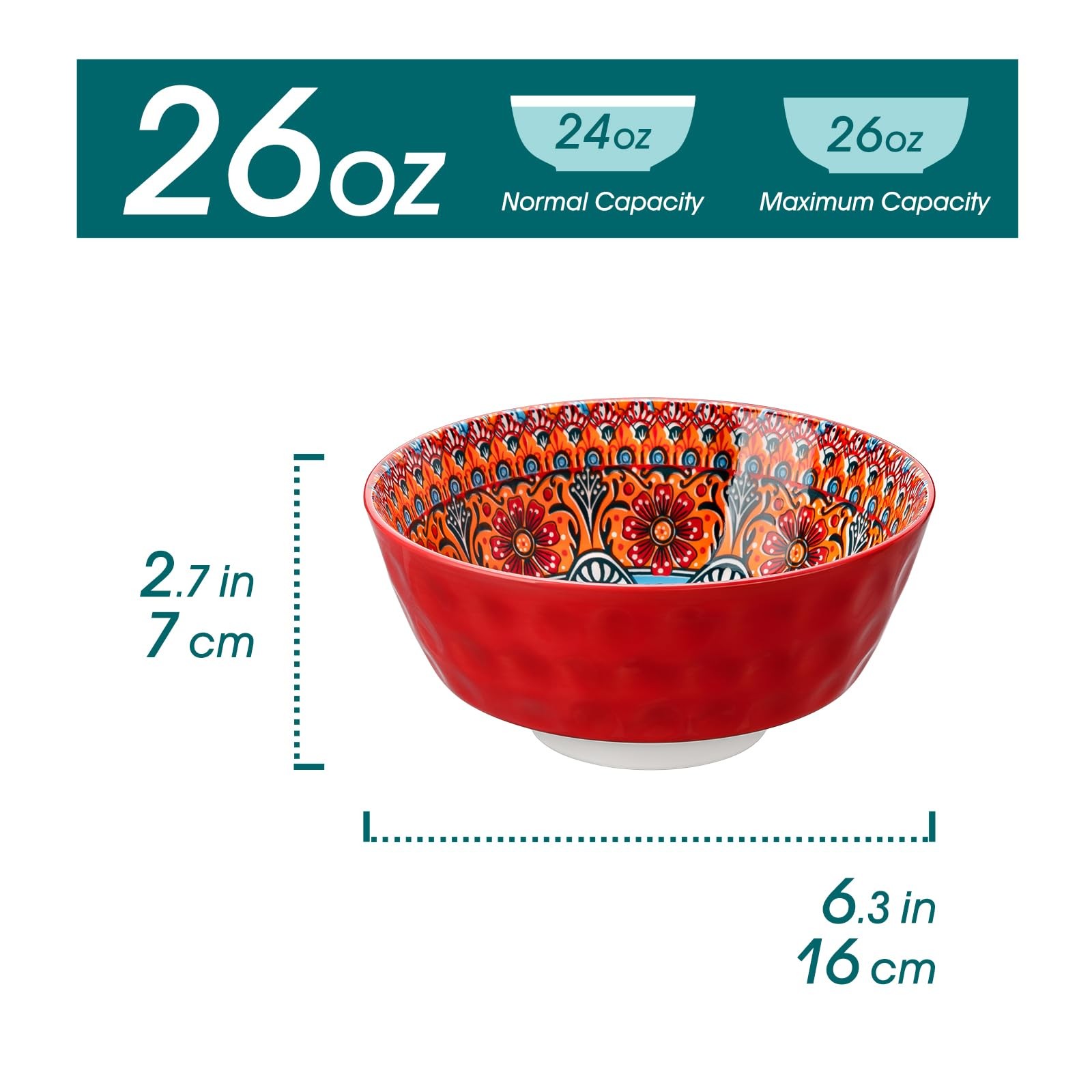 Boho Cereal Bowls Set of 6, 26 oz Ceramic Soup Bowls with Colorful Bohemian P…