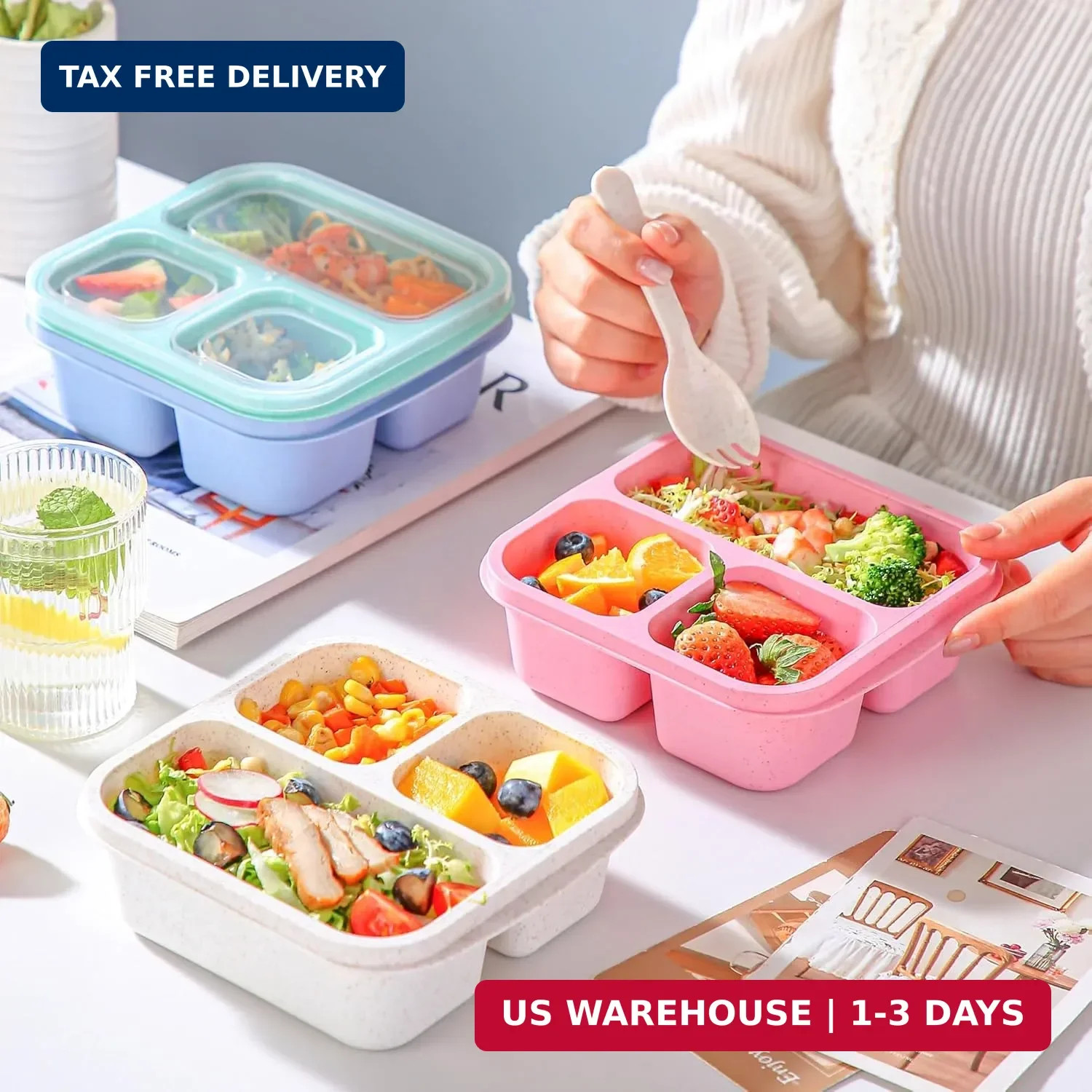4 Pack Bento Box Meal Prep Containers 3 Compartment Reusable Lunch Box with Lid