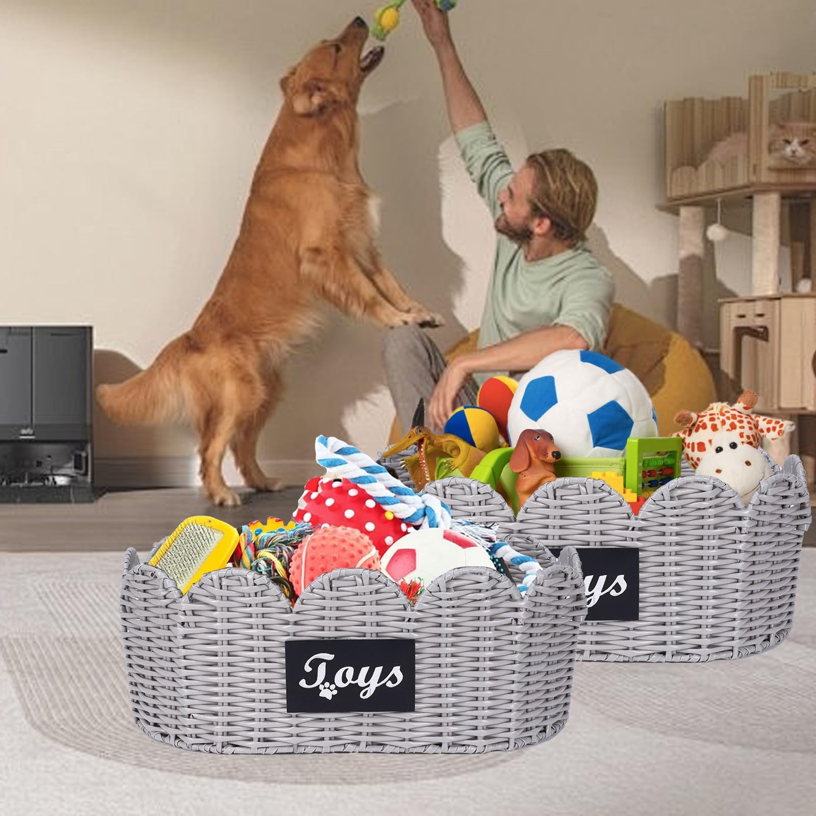 dog toy wicker storage basket Set Of 2 pet supplies wicker basket rope scallo…