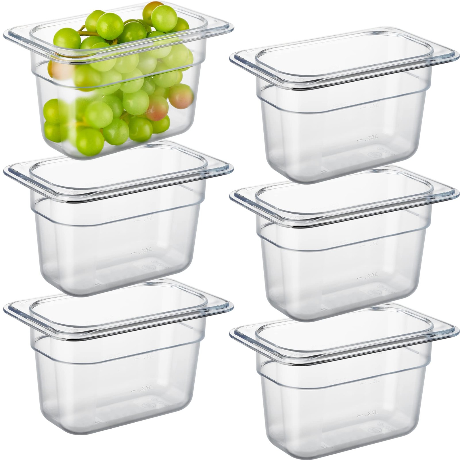 NSF Food Pans, 6 Pack, 1/9 Size, 4 Inch Deep, Polycarbonate, Clear, Commercial